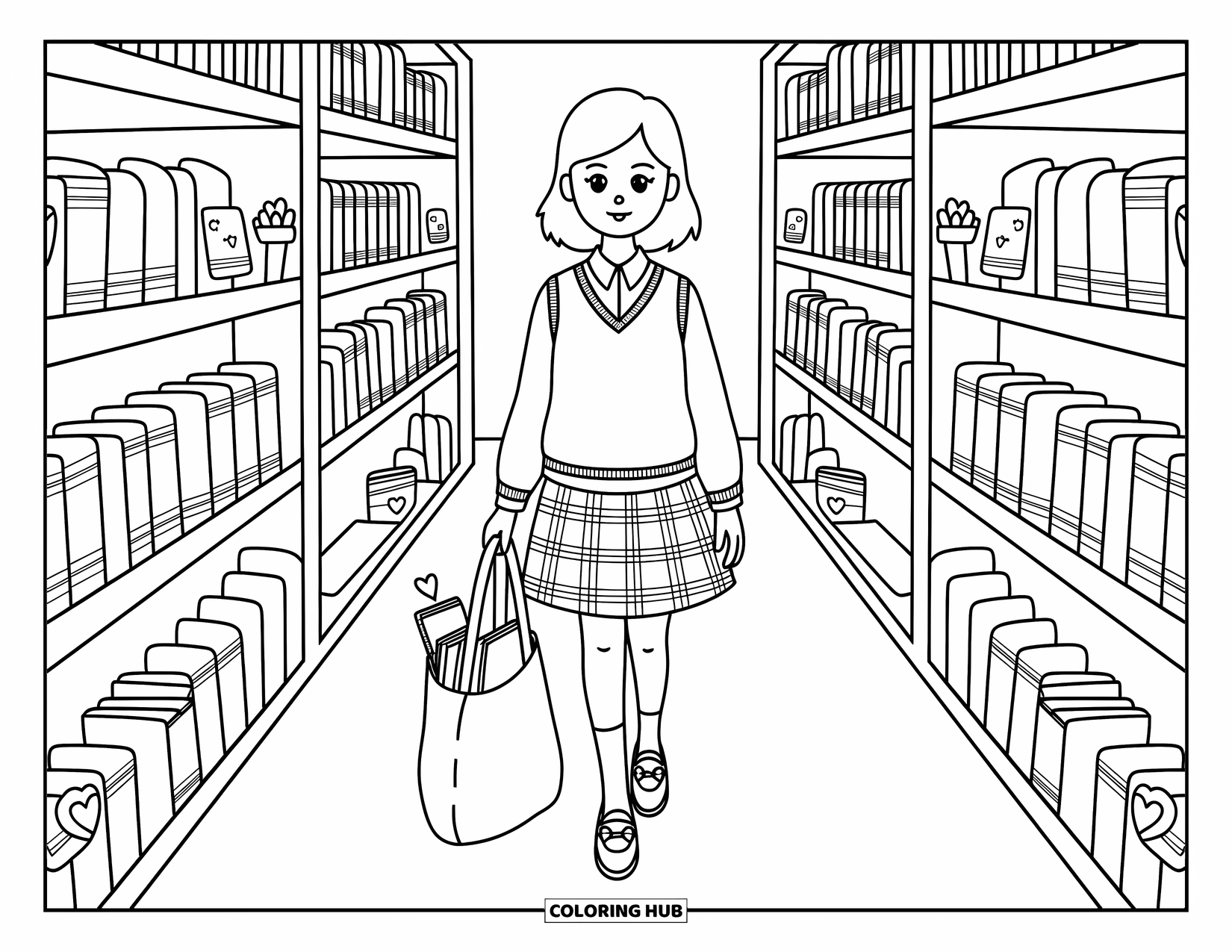 Preppy Coloring Page for Adults: Books and heart-shaped post-its line the shelves as a preppy girl browses with joy