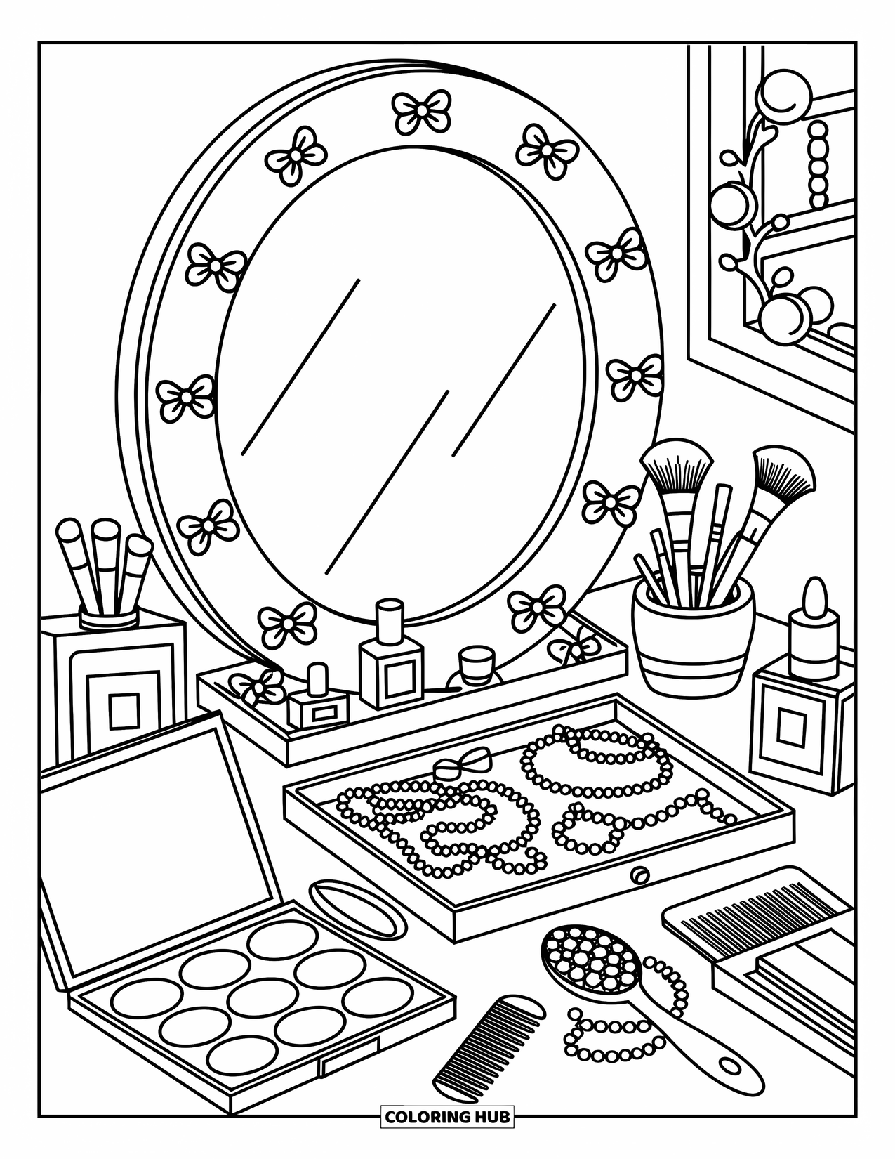 Preppy Coloring Page for Adults: Jewelry, makeup, and bow lights fill this adorable preppy vanity scene