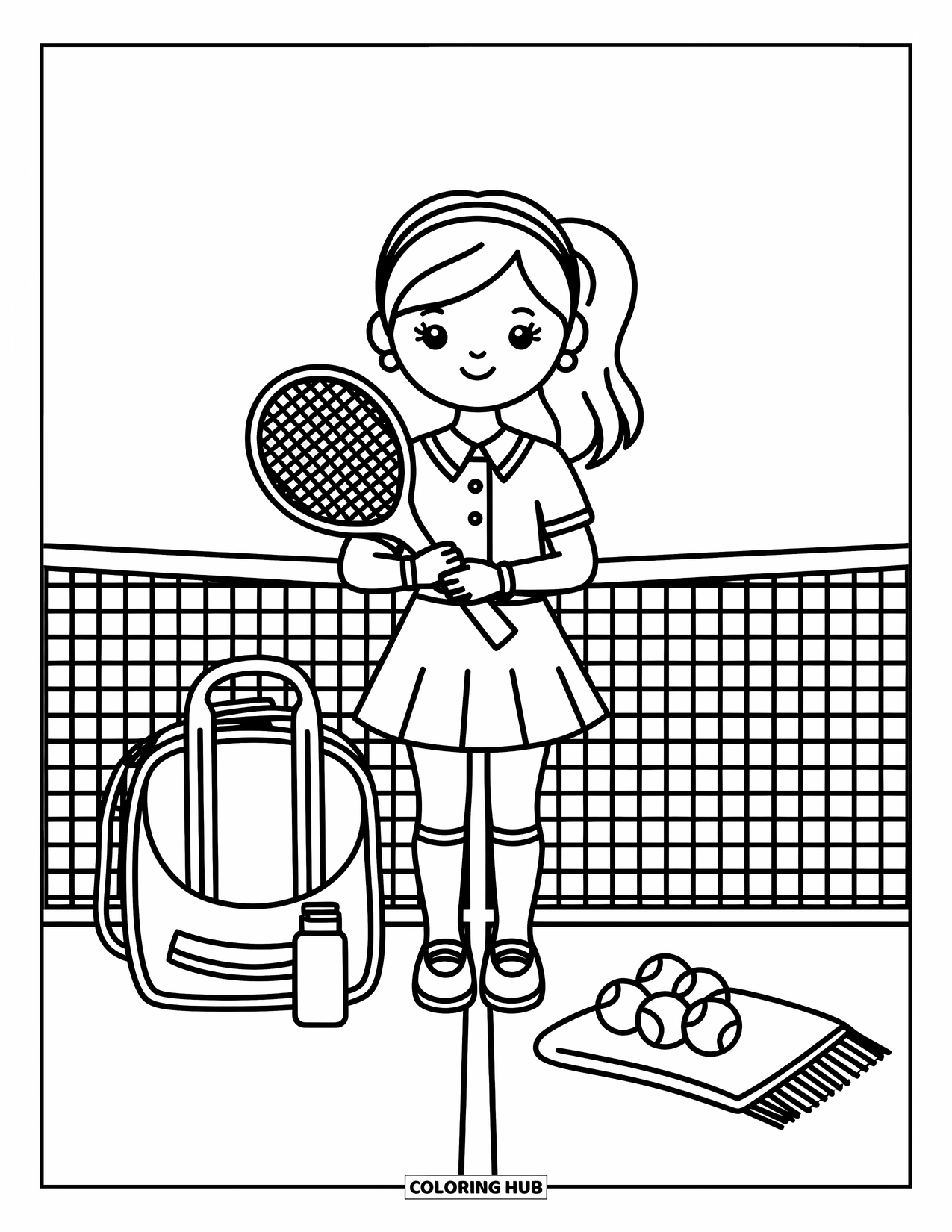 Preppy Coloring Page for Adults: Tennis gear and a confident preppy girl fill this sporty, cheerful scene