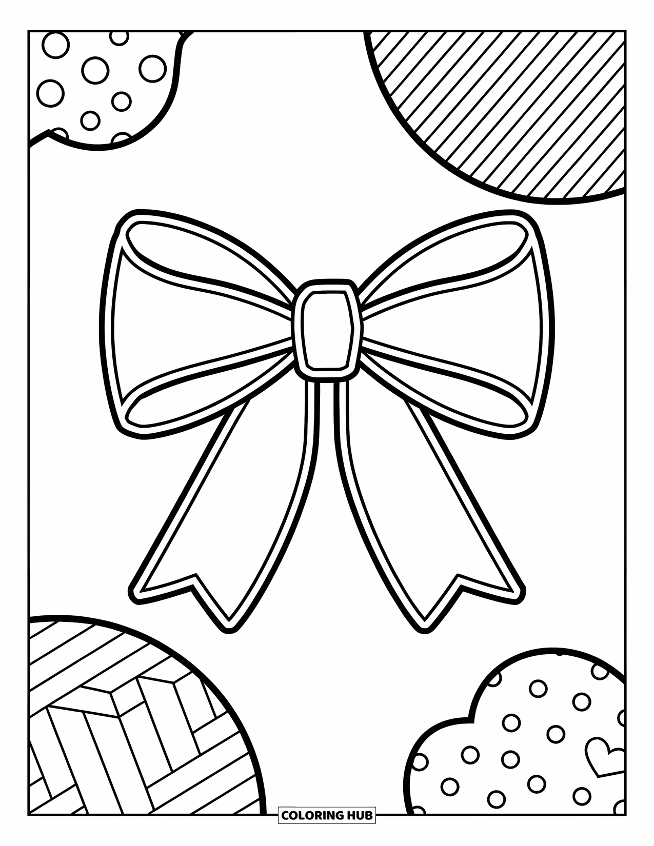 Preppy Coloring Page for Kids: A big preppy bow with stripes and polka dots is ready to shine