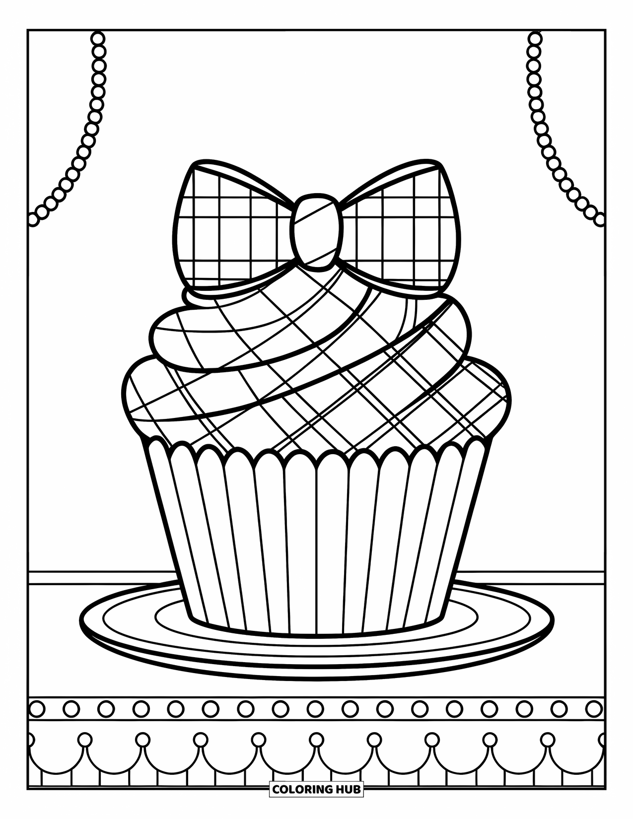 Preppy Coloring Page for Kids: A cheerful cupcake with a bowtie and pearls shows off its preppy plaid frosting