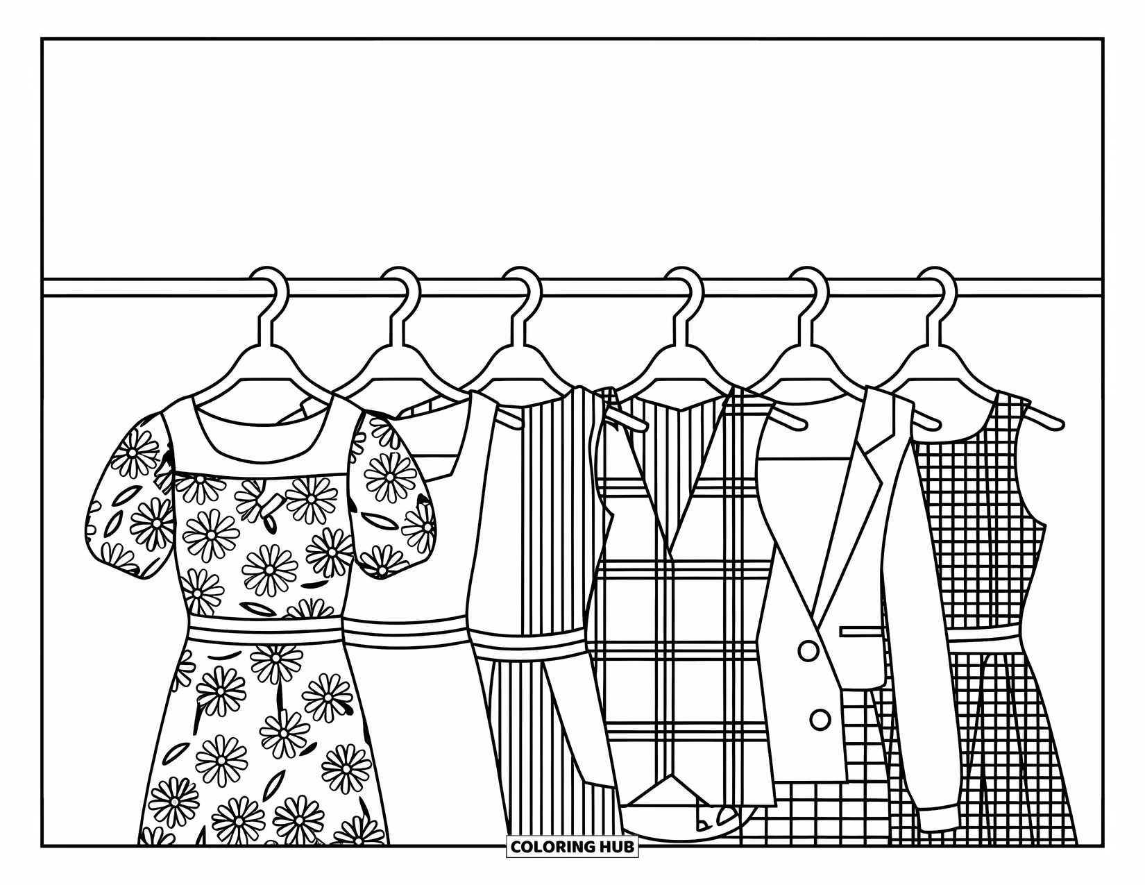 Preppy Coloring Page for Kids: A clothing rack with plaid, florals, and soft preppy vibes