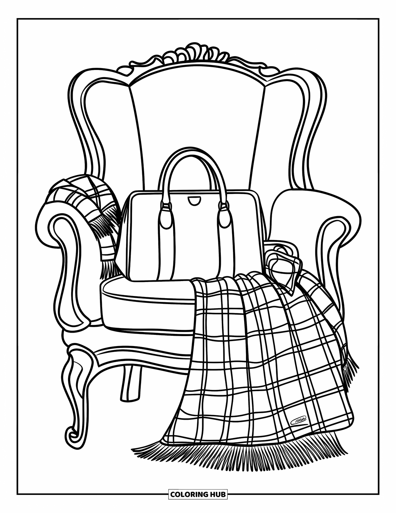 Preppy Coloring Page for Kids: A cozy chair with cute accessories draped for a relaxed preppy feel