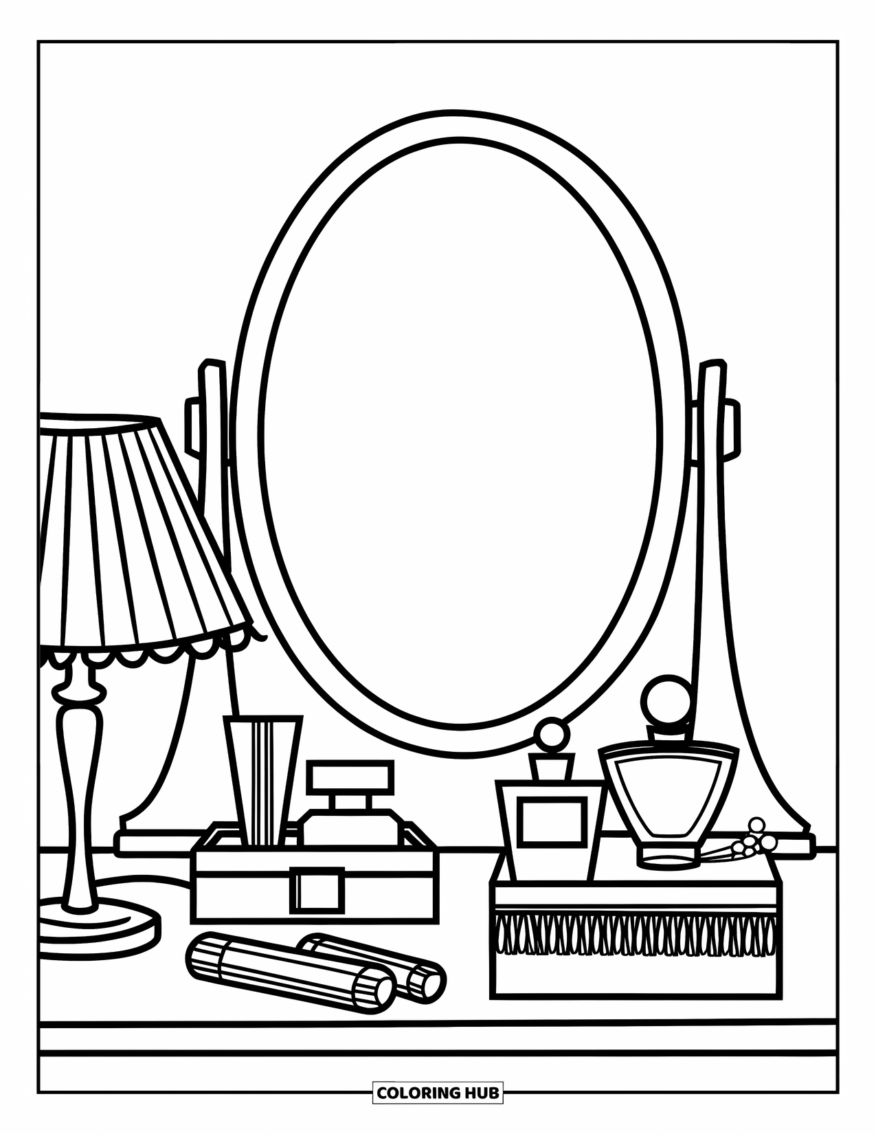 Preppy Coloring Page for Kids: A cozy vanity table setup with a mirror and perfume bottles