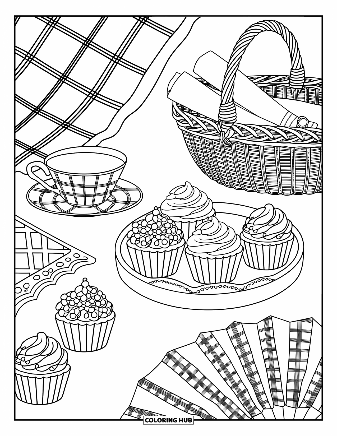 Preppy Coloring Page for Kids: A cute picnic scene with rolled napkins, cupcakes, and a plaid blanket