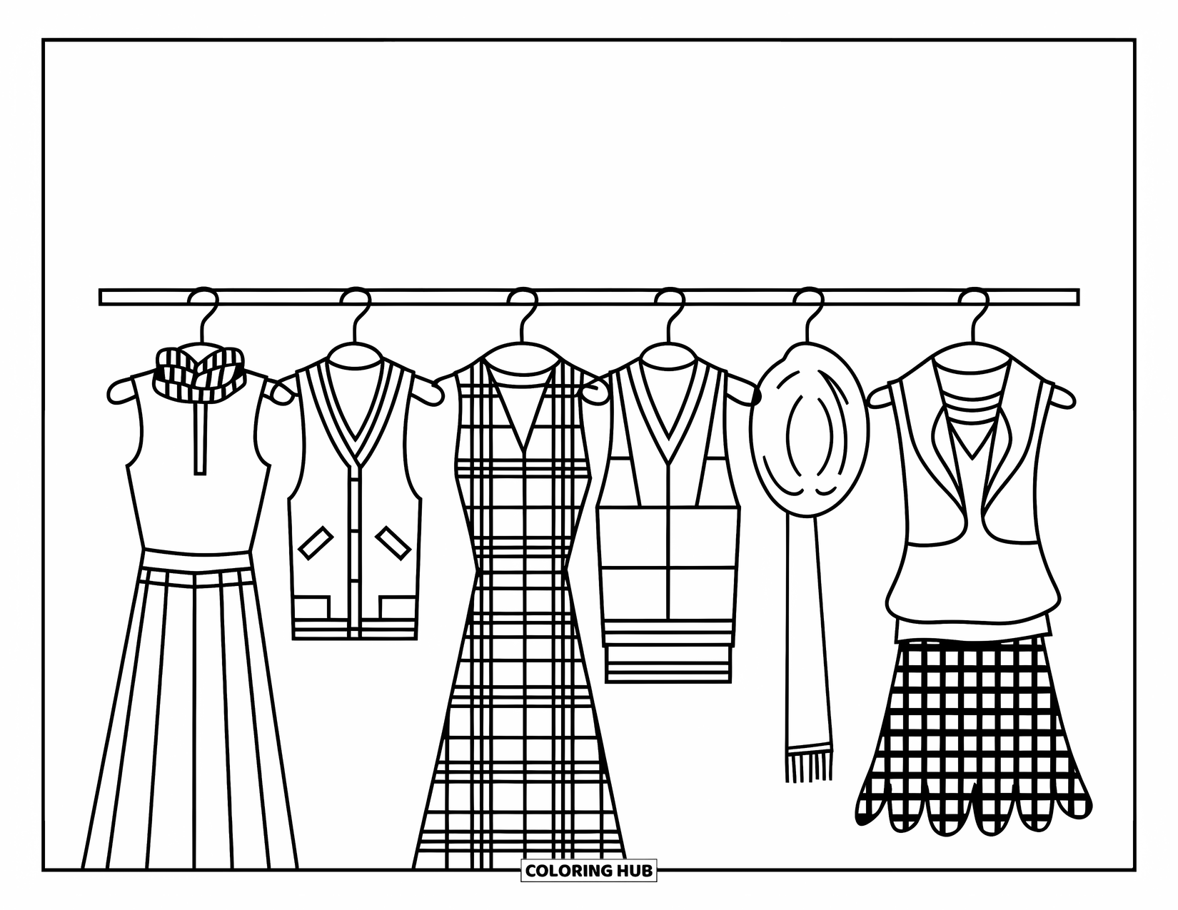 Preppy Coloring Page for Kids: A cute rack of dresses, vests, and playful patterns