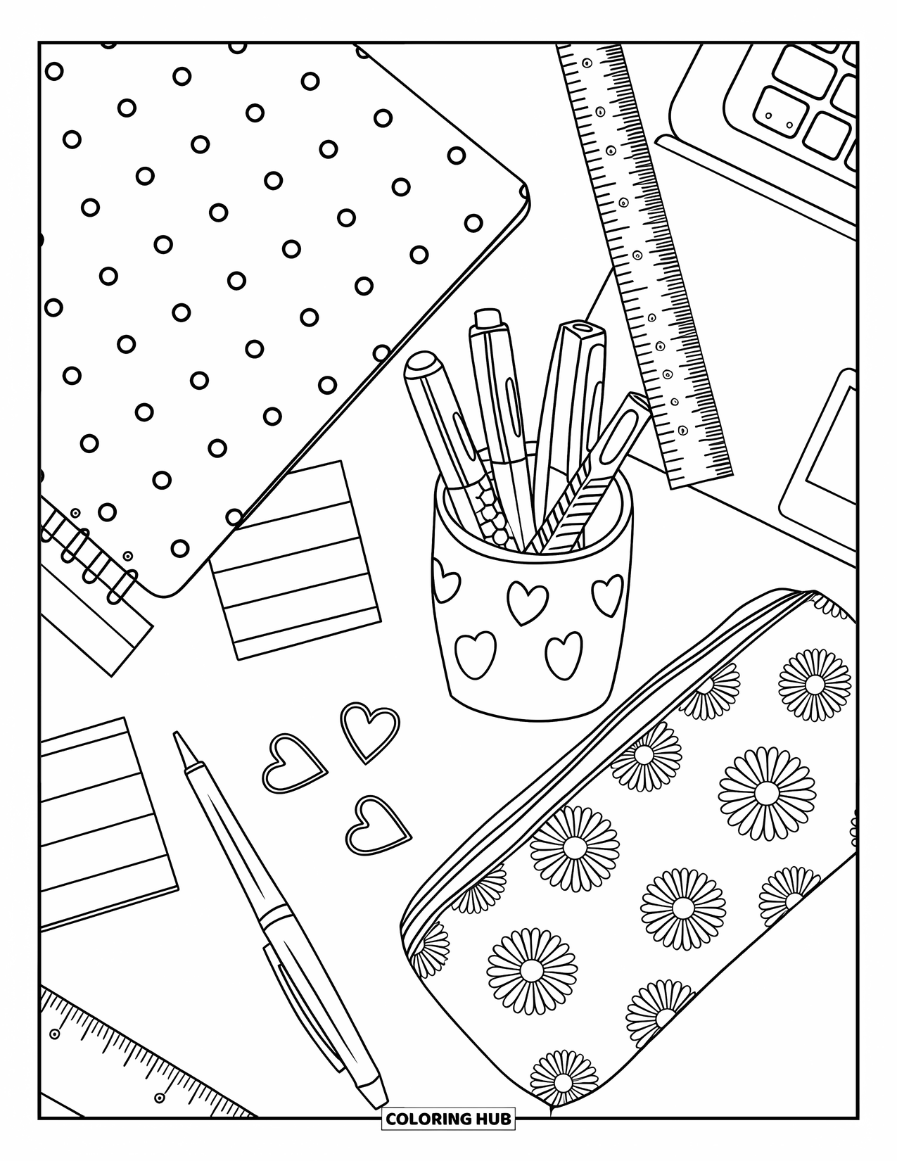 Preppy Coloring Page for Kids: A cute study setup with a planner, gel pens, and sticky notes