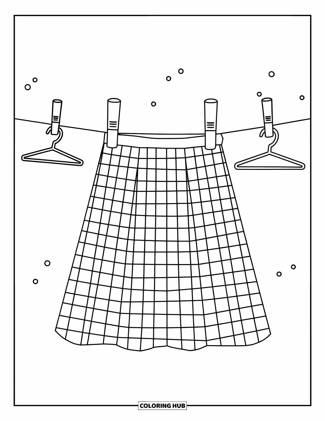 Preppy Coloring Page for Kids: A gingham skirt hangs on a clothesline beside a plain wall