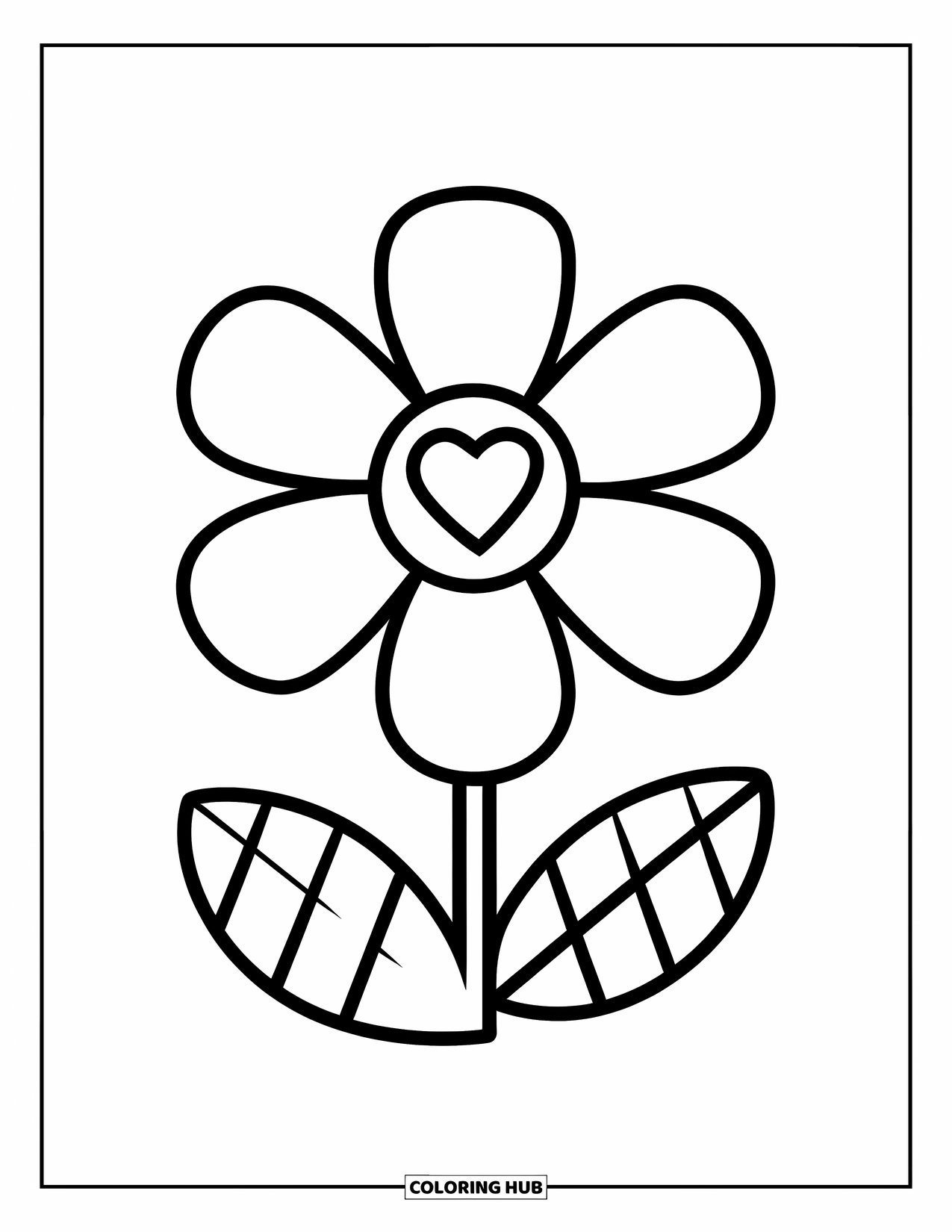 Preppy Coloring Page for Kids: A heart-centered flower blooms on a stem with playful leaves