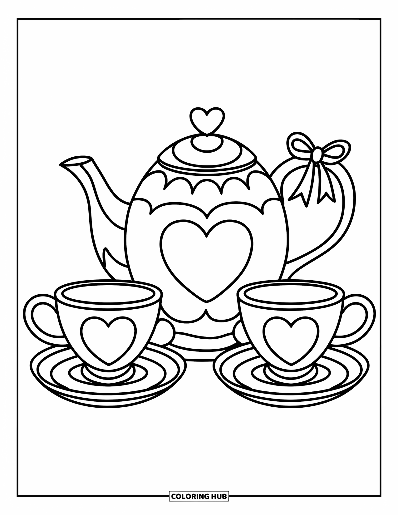 Preppy Coloring Page for Kids: A heart-shaped teapot and cups create the cutest little tea set