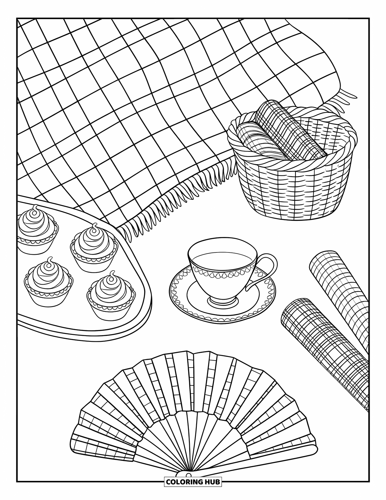 Preppy Coloring Page for Kids: A neat picnic with cupcakes, a tea cup, and a woven basket