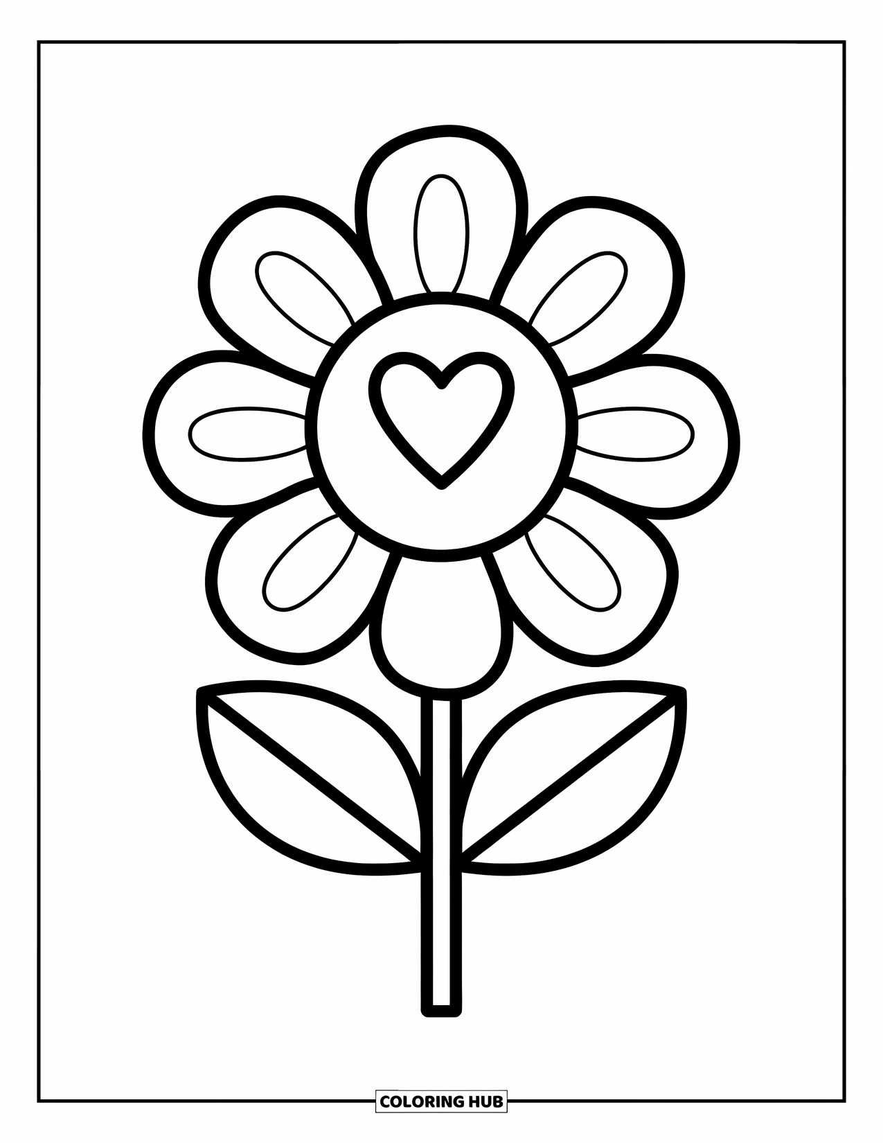 Preppy Coloring Page for Kids: A patterned flower with a heart in the middle shows off its fun petals