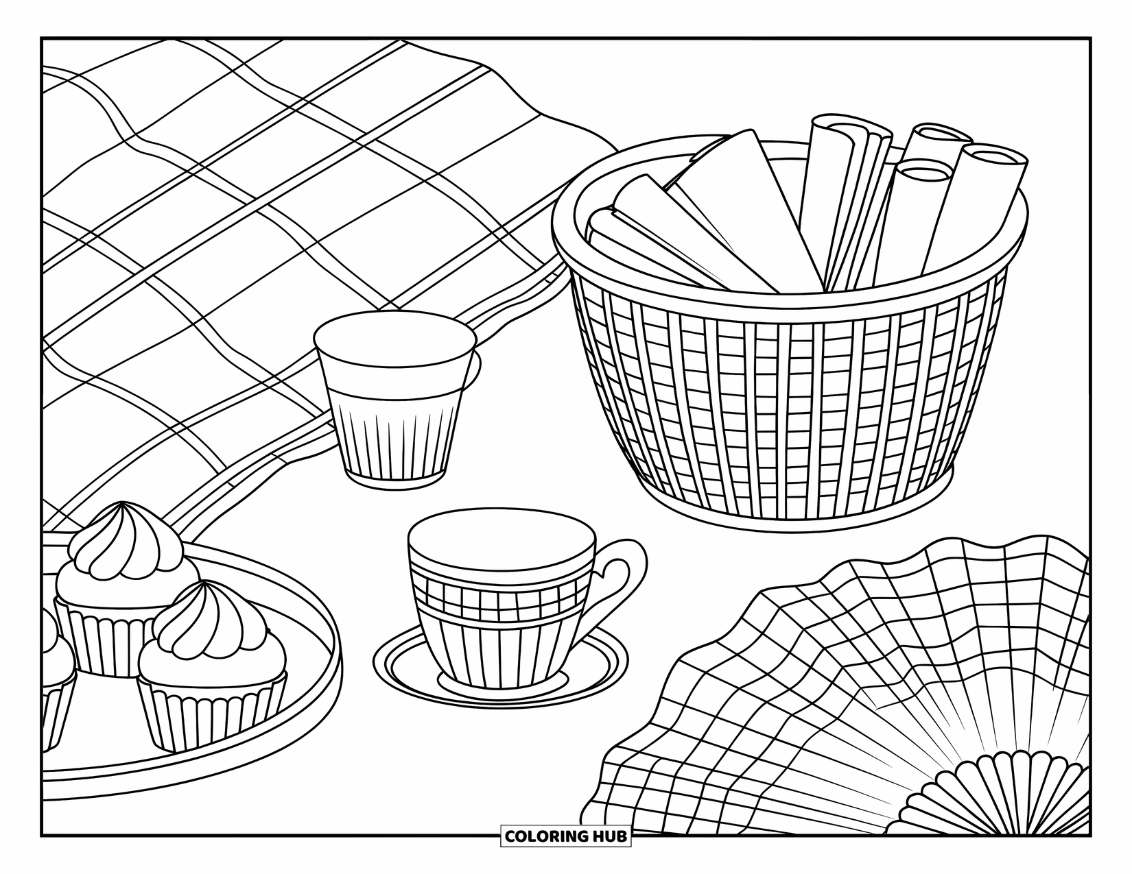 Preppy Coloring Page for Kids: A picnic setup with cupcakes, a plaid blanket, and a gingham fan on display