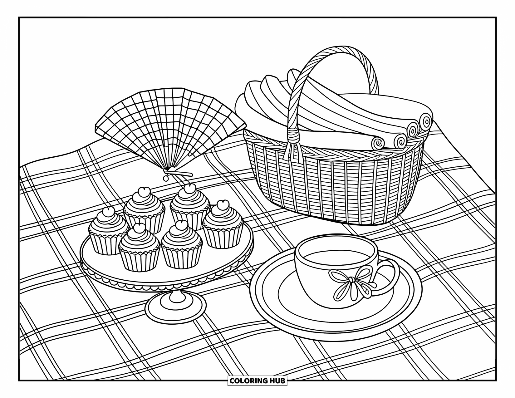 Preppy Coloring Page for Kids: A plaid blanket and dainty picnic treats arranged for a charming outdoor moment