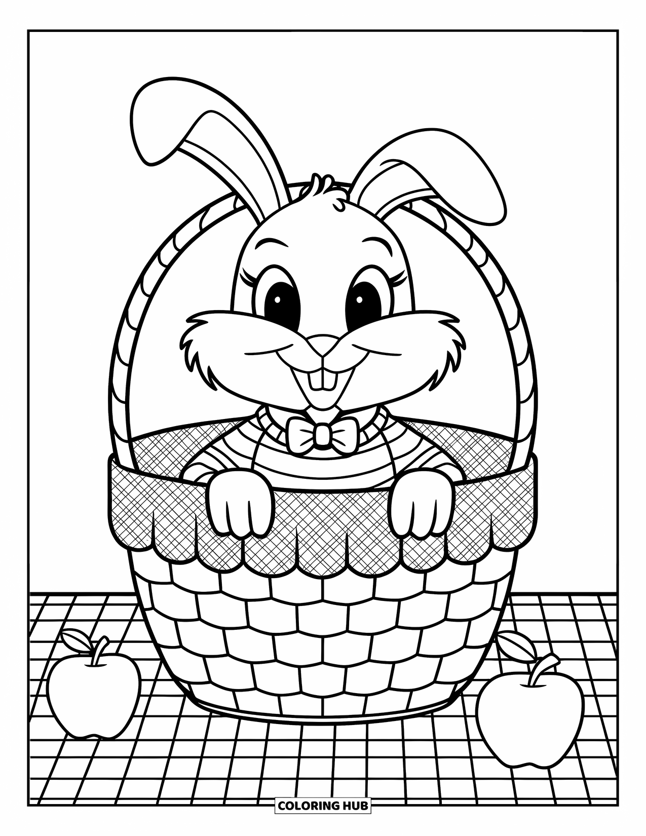 Preppy Coloring Page for Kids: A preppy bunny peeks from a gingham basket beside apples on a tablecloth