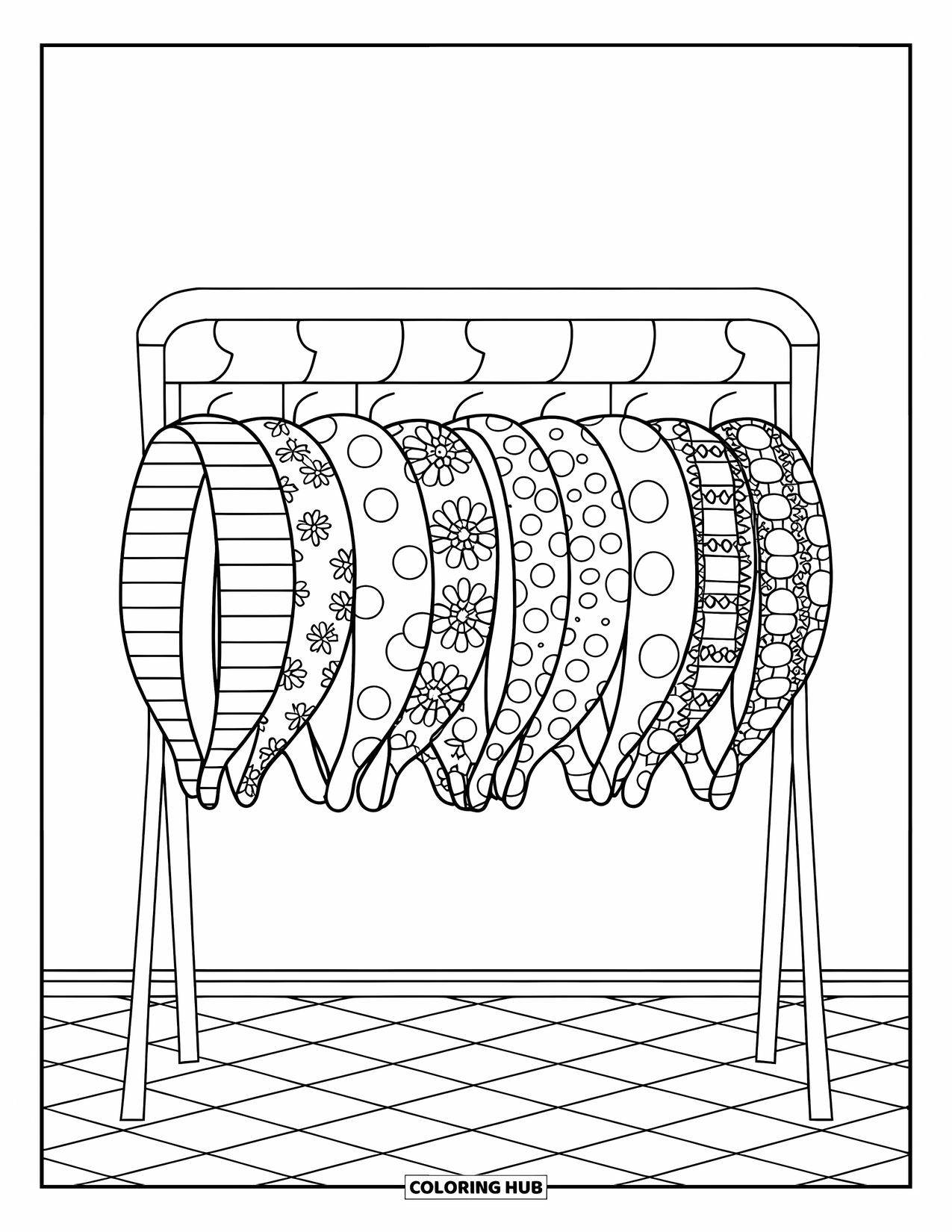 Preppy Coloring Page for Kids: A rack displays headbands with stripes, florals, and polka dots above a tiled floor