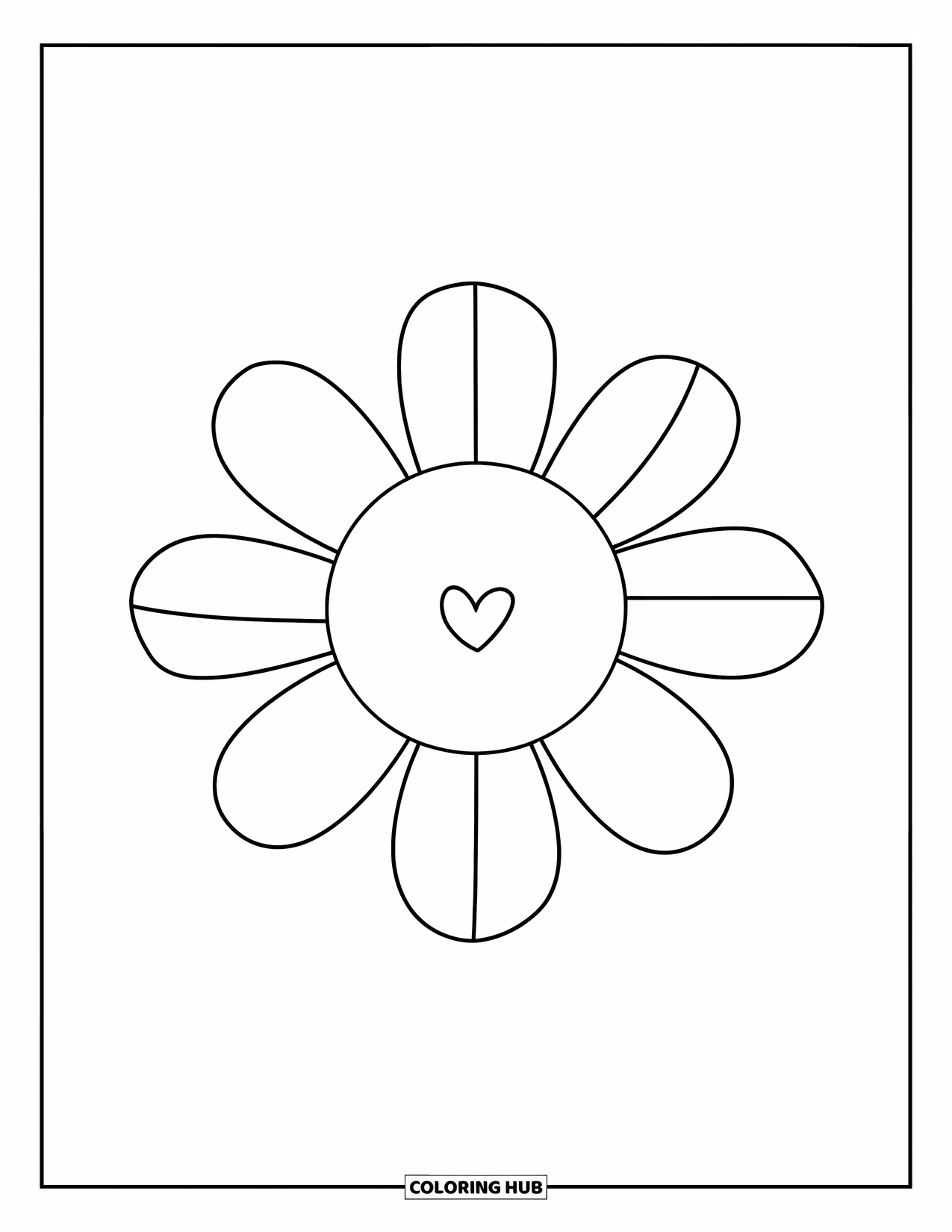 Preppy Coloring Page for Kids: A simple flower with a tiny heart is big, bold, and fun