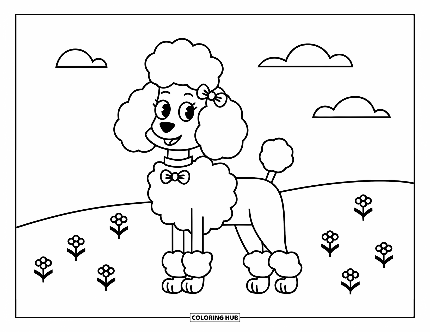 Preppy Coloring Page for Kids: A smiling poodle with bows stands in a grassy field with flowers