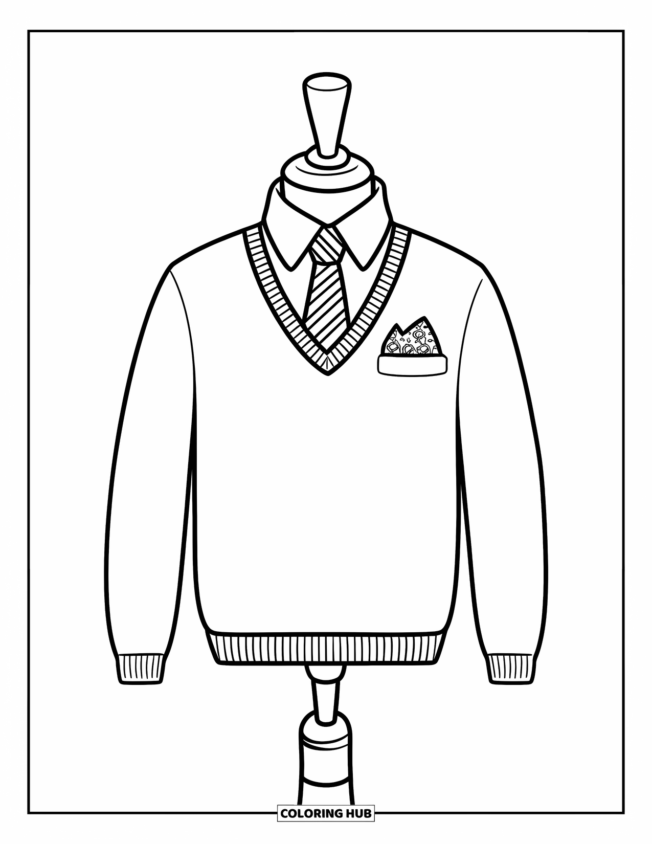 Preppy Coloring Page for Kids: A striped-tie sweater hangs neatly with a cute pocket square