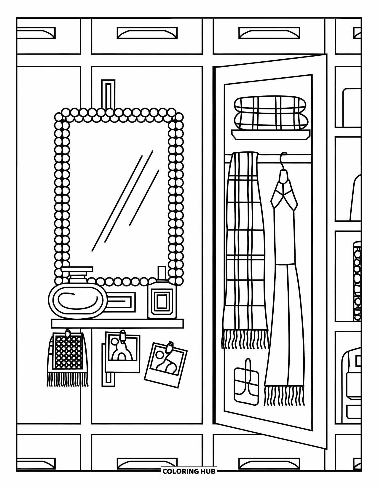 Preppy Coloring Page for Kids: A stylish locker setup with polaroids, perfume, and folded scarves