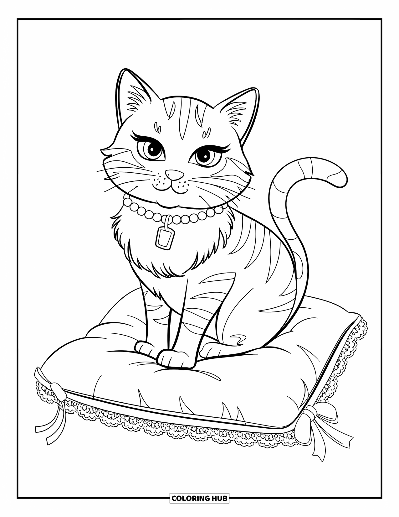 Preppy Coloring Page for Kids: A sweet cat with a collar and pearls rests on a pillow with lace trim