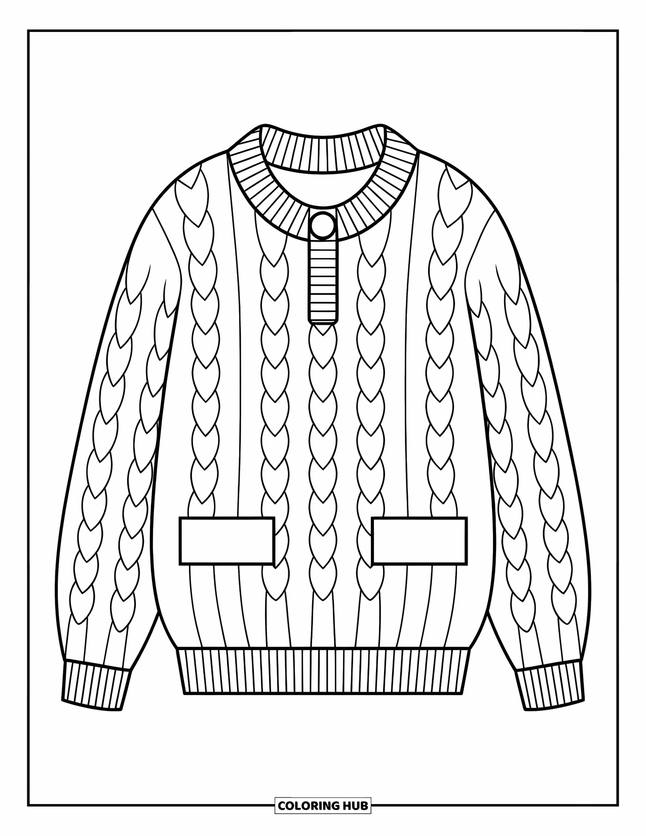 Preppy Coloring Page for Kids: A thick-knit sweater with big buttons is displayed on a wooden stand