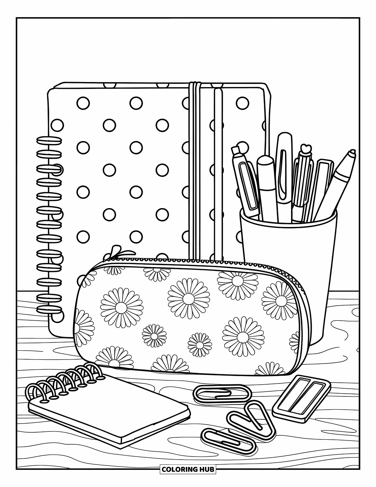 Preppy Coloring Page for Kids: A tidy desk with a planner, sticky notes, and floral pencil case