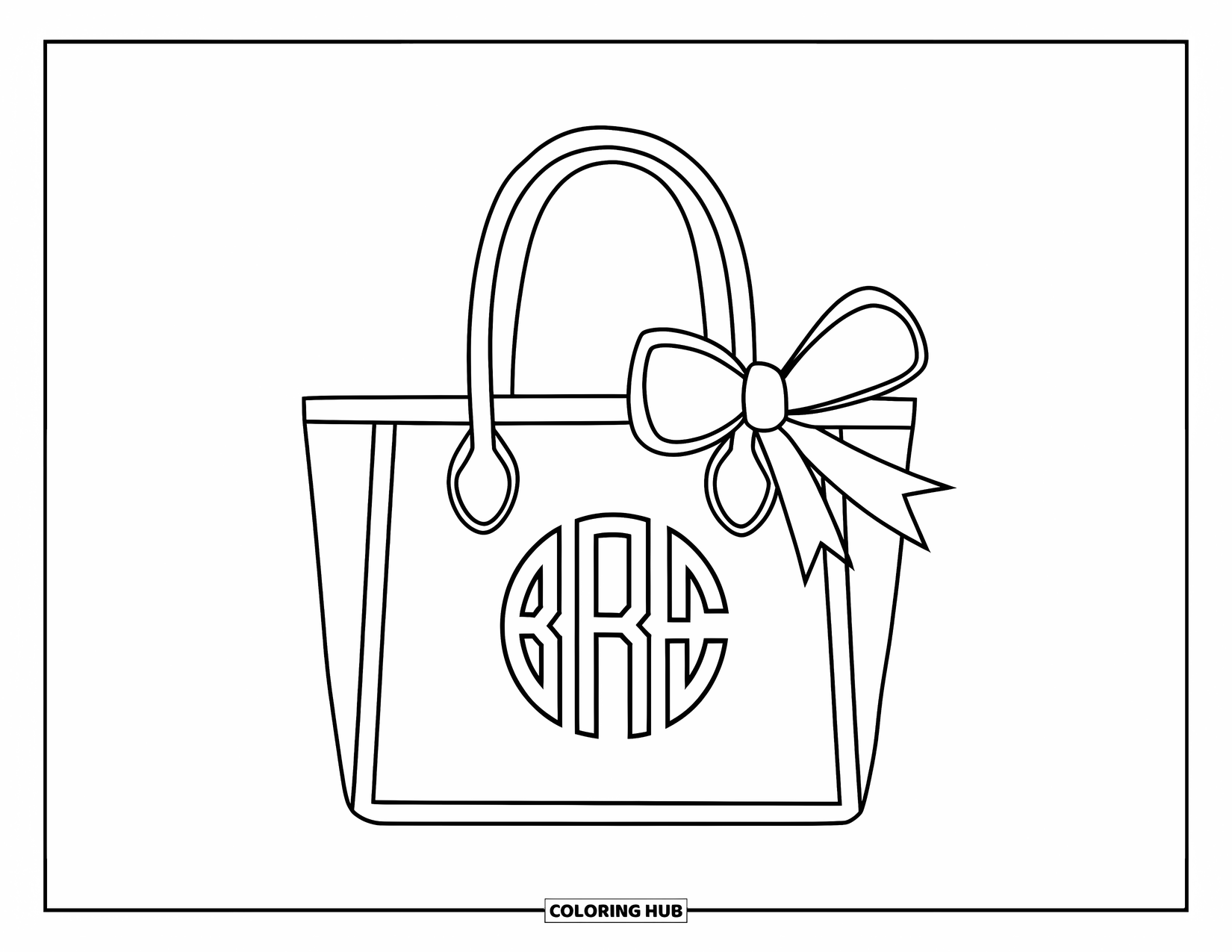 Preppy Coloring Page for Kids: A tote bag with a monogram and big ribbon is ready for a day out
