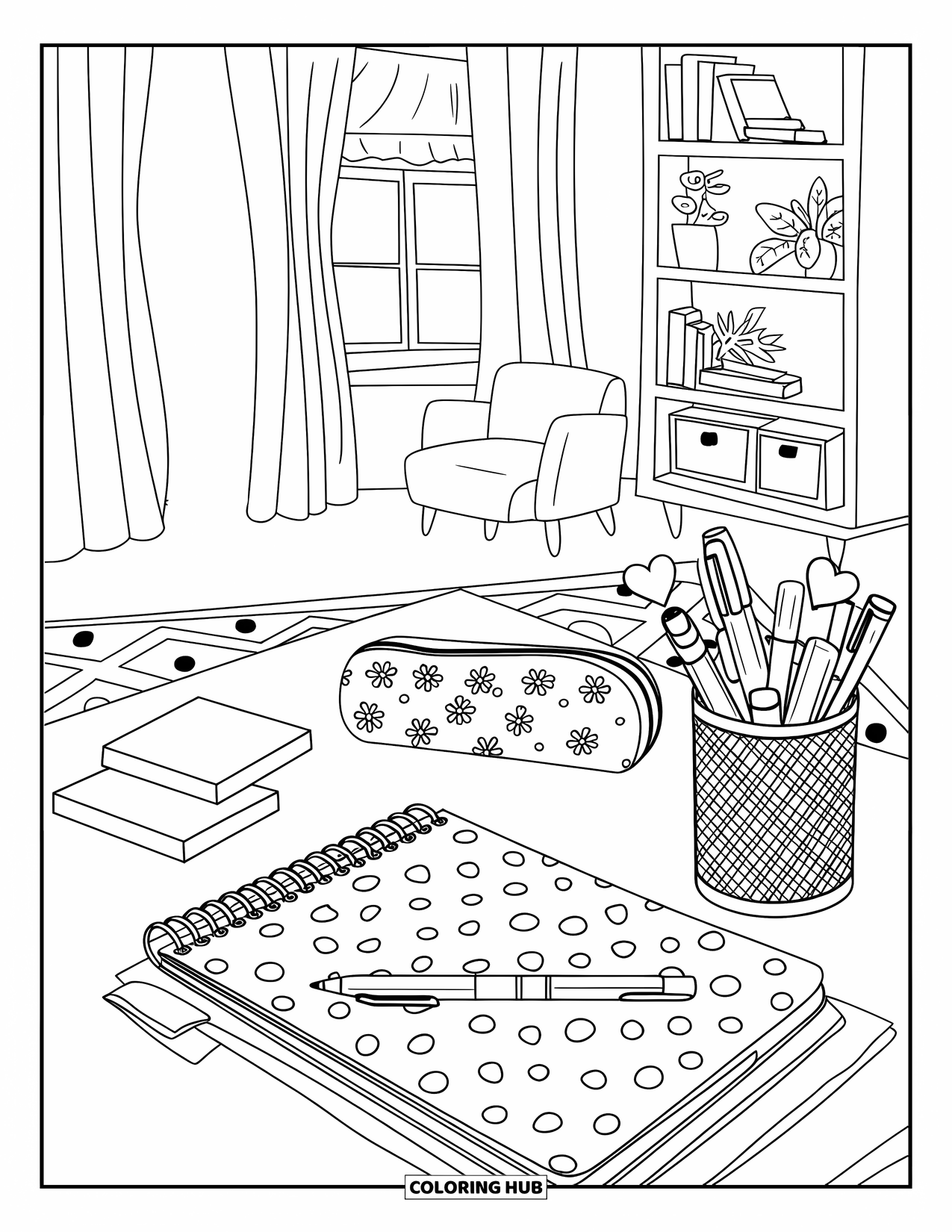 Preppy Coloring Page for Kids: A well-decorated desk with planners, pens, and a nearby bookshelf