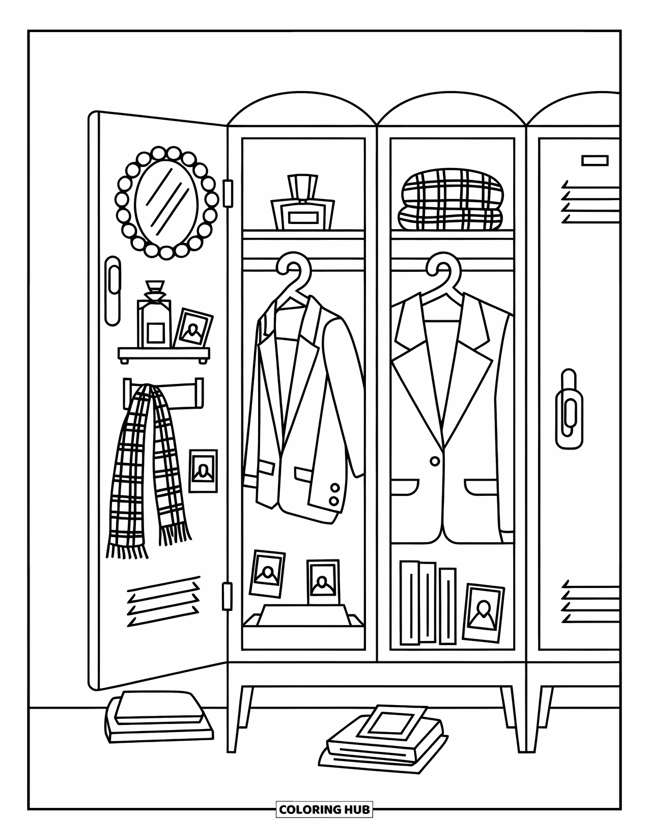 Preppy Coloring Page for Kids: An open locker with perfume, books, and a polished preppy vibe