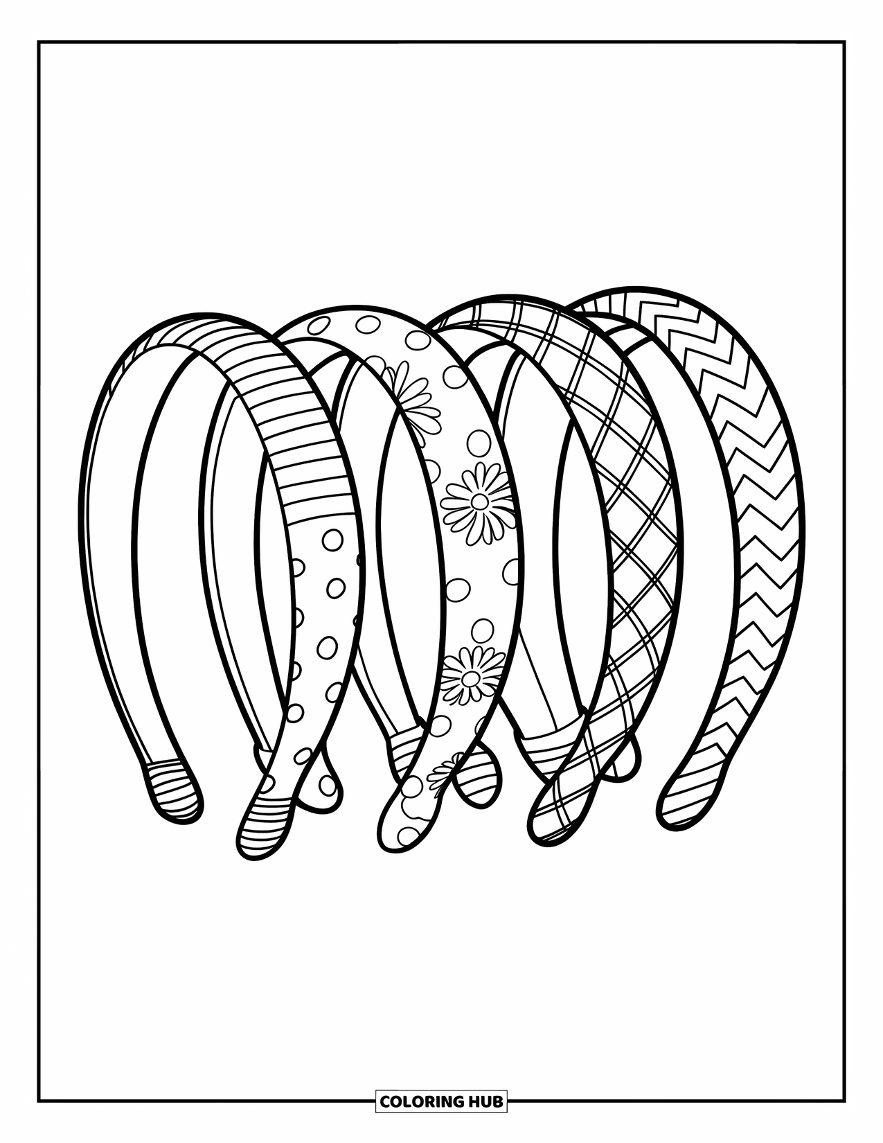 Preppy Coloring Page for Kids: Cute headbands with fun patterns are arranged neatly on a rack