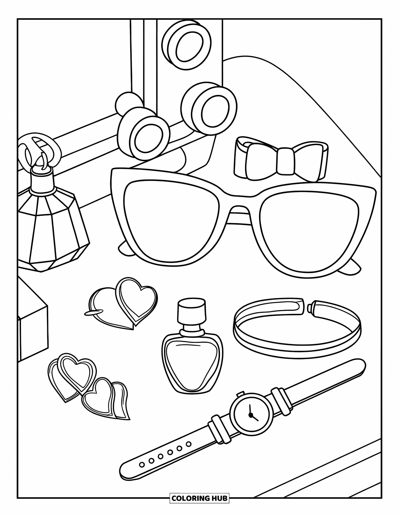 Preppy Coloring Page for Kids: Stylish preppy accessories arranged neatly on a cute vanity table