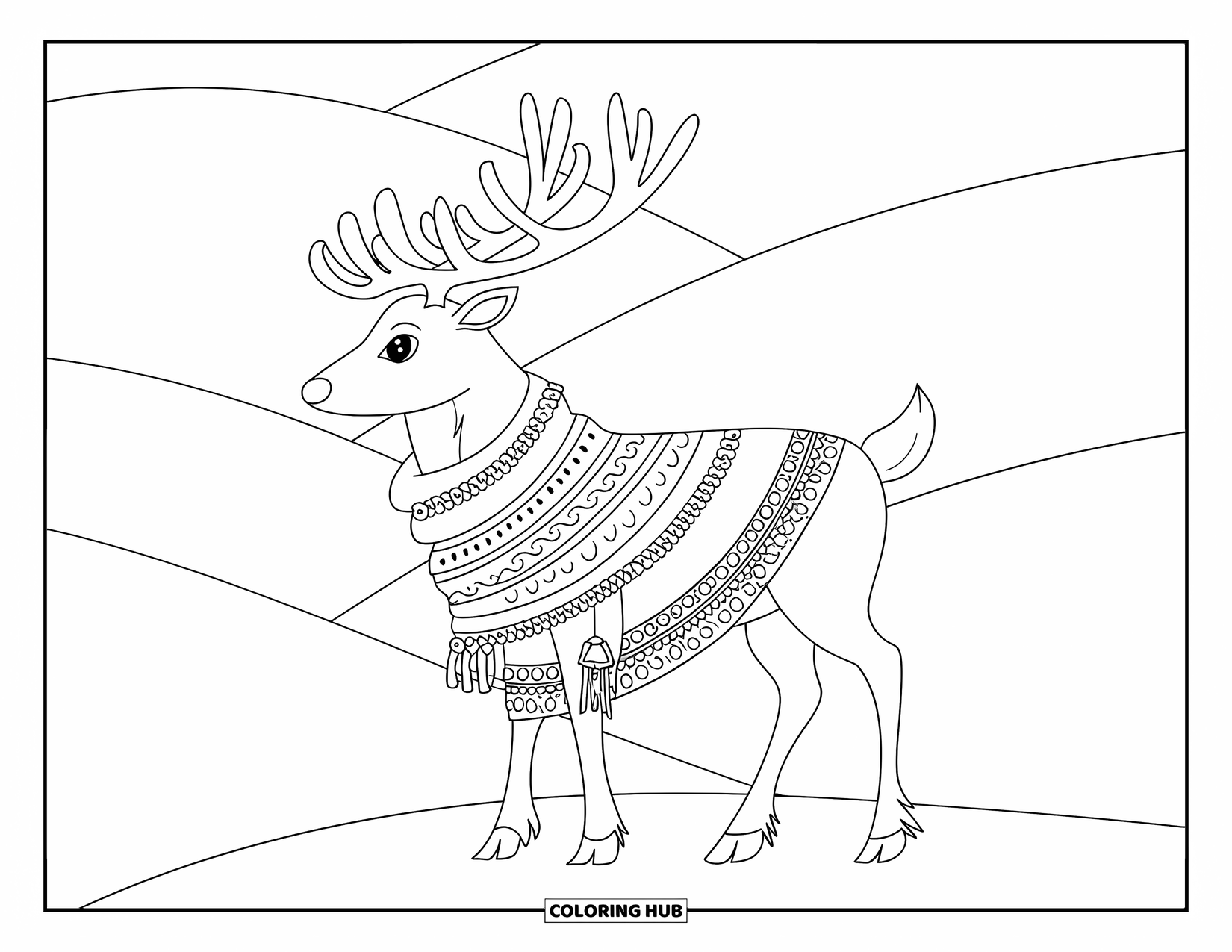 Reindeer Coloring Page for Adults: A bundled reindeer in a patterned scarf stands calmly on snowy hills
