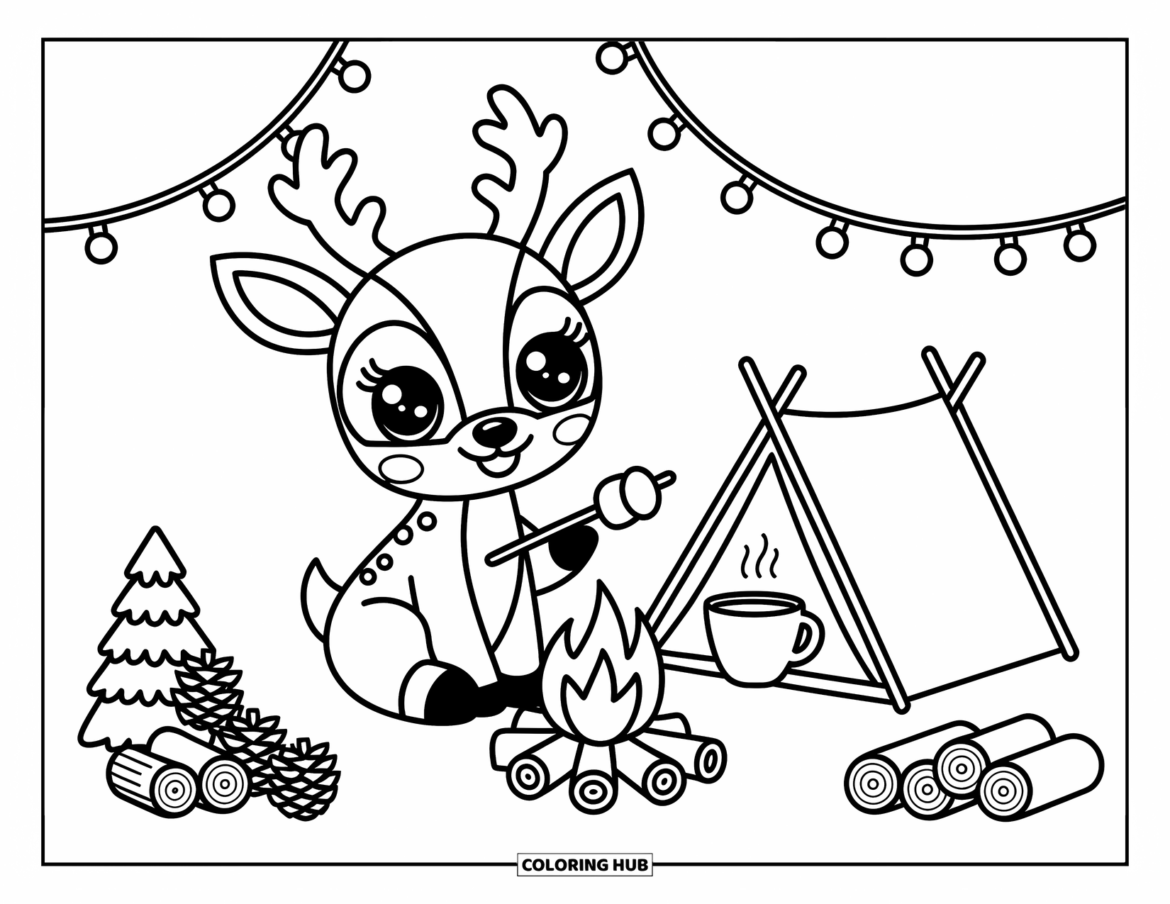 Reindeer Coloring Page for Adults: A cheerful reindeer enjoys marshmallows by the fire with string lights and pinecones