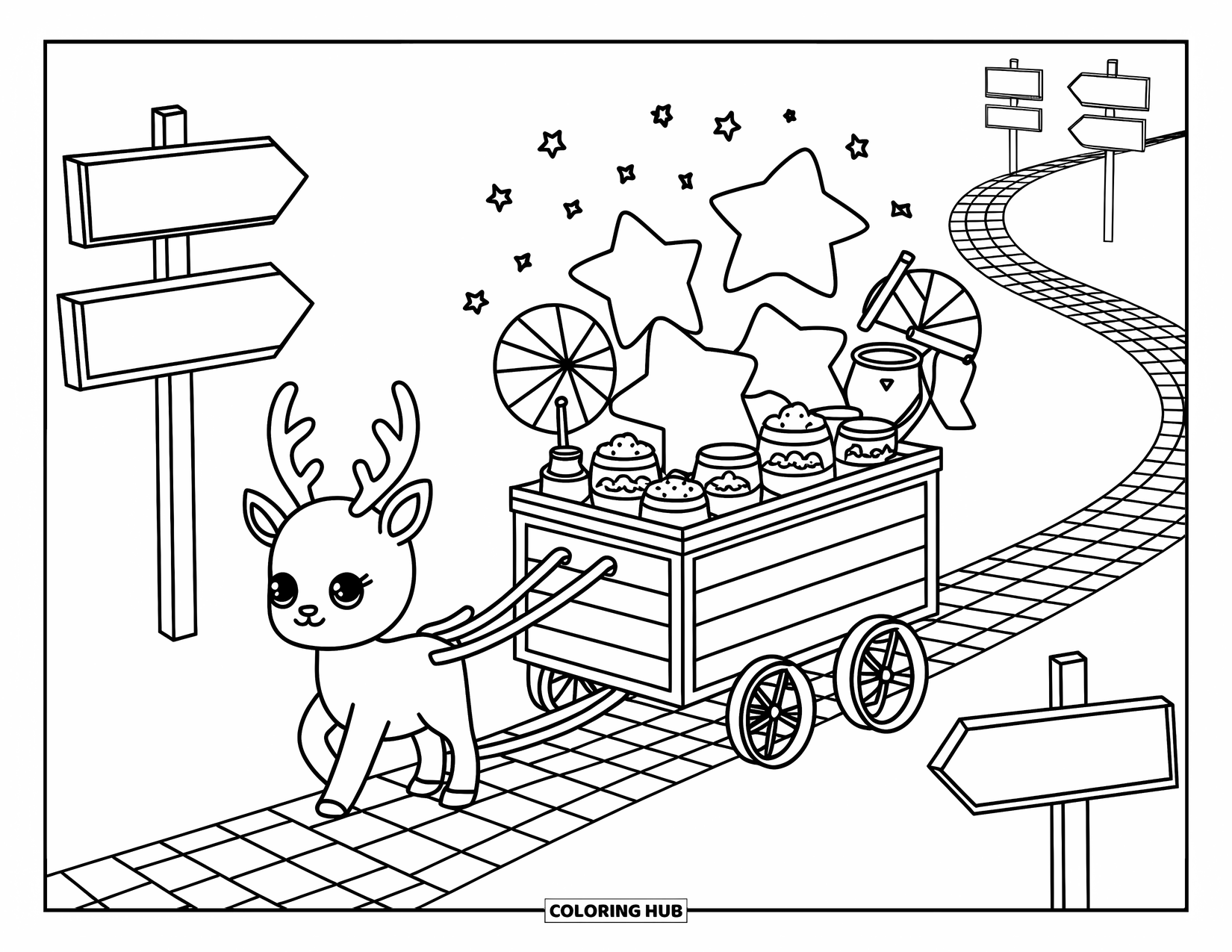 Reindeer Coloring Page for Adults: A sweet reindeer hauls a sled of handmade goodies through a cobblestone marketplace