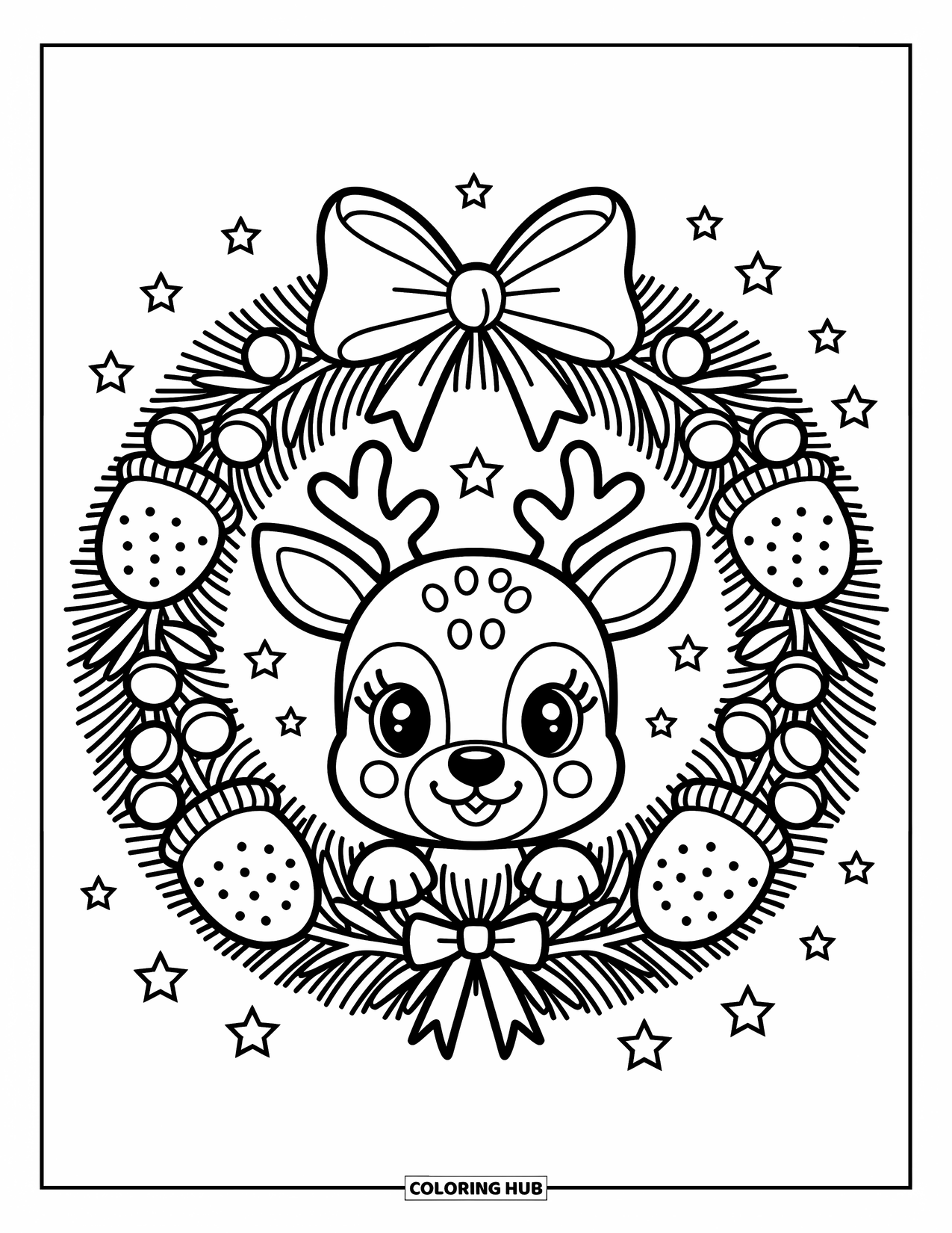Reindeer Coloring Page for Adults: A sweet reindeer peers out from a holiday wreath with tiny floating stars