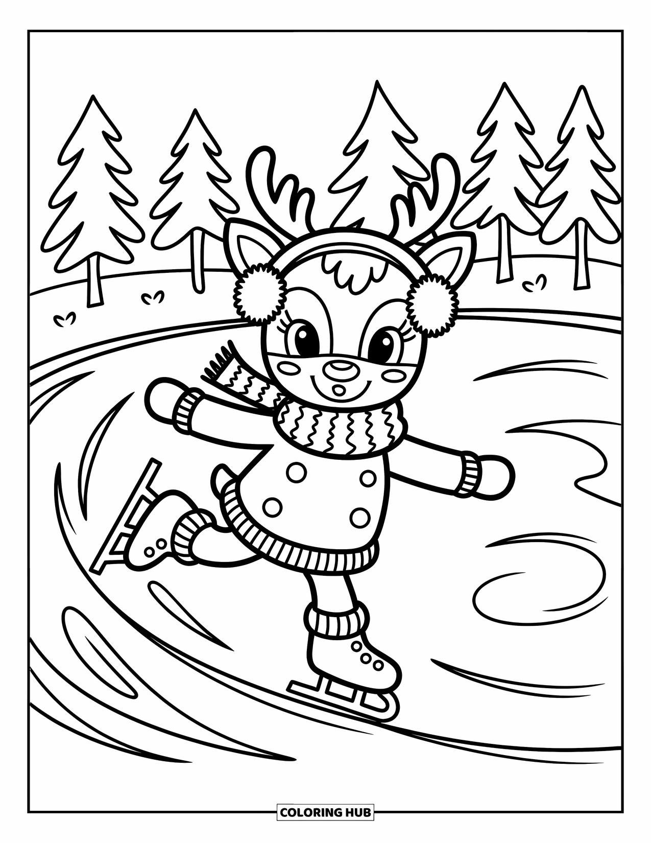 Reindeer Coloring Page for Adults: Bundled reindeer twirls through a snowy park with playful swirls and fir trees