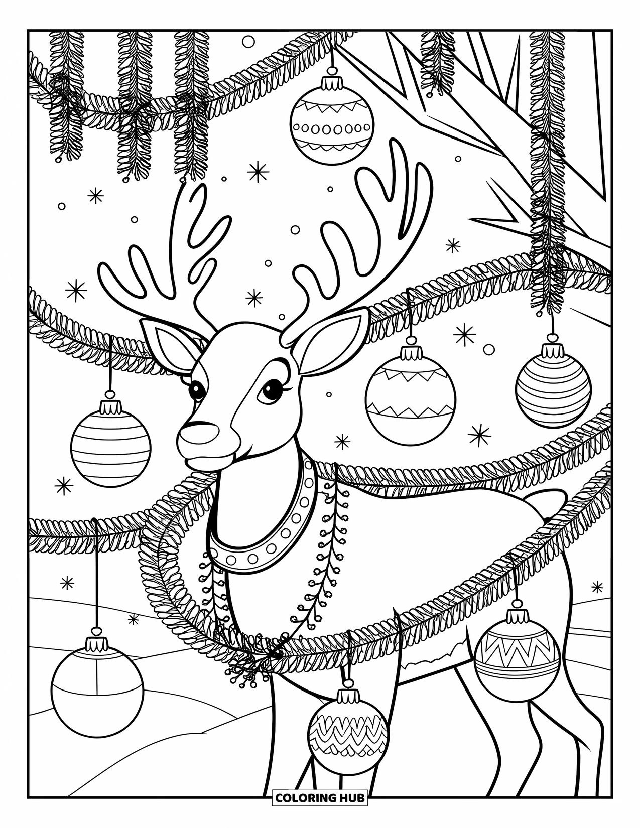 Reindeer Coloring Page for Adults: Cheerful reindeer wrapped in garlands stands near wreaths, stars, and snowy trees