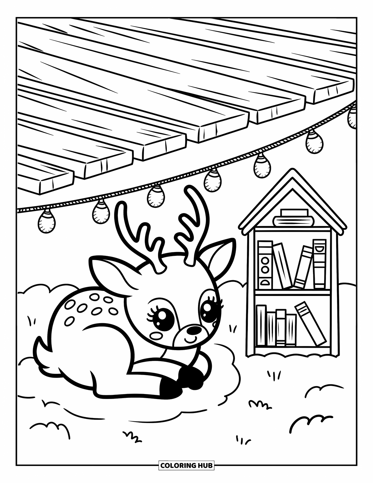 Reindeer Coloring Page for Adults: Cuddly reindeer rests under a cozy treehouse lit with string lights and tiny books