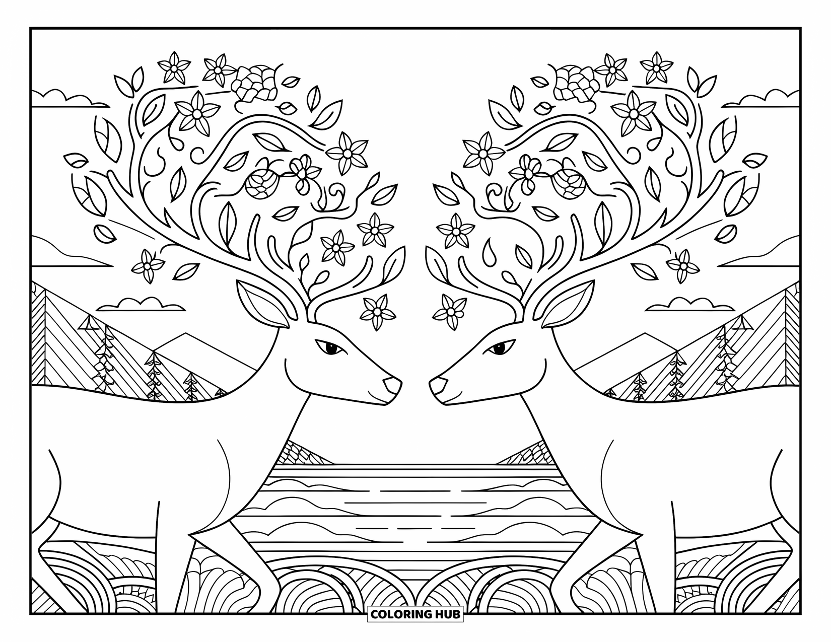Reindeer Coloring Page for Adults: Facing reindeer with floral antlers stand near water, trees, and mountain views