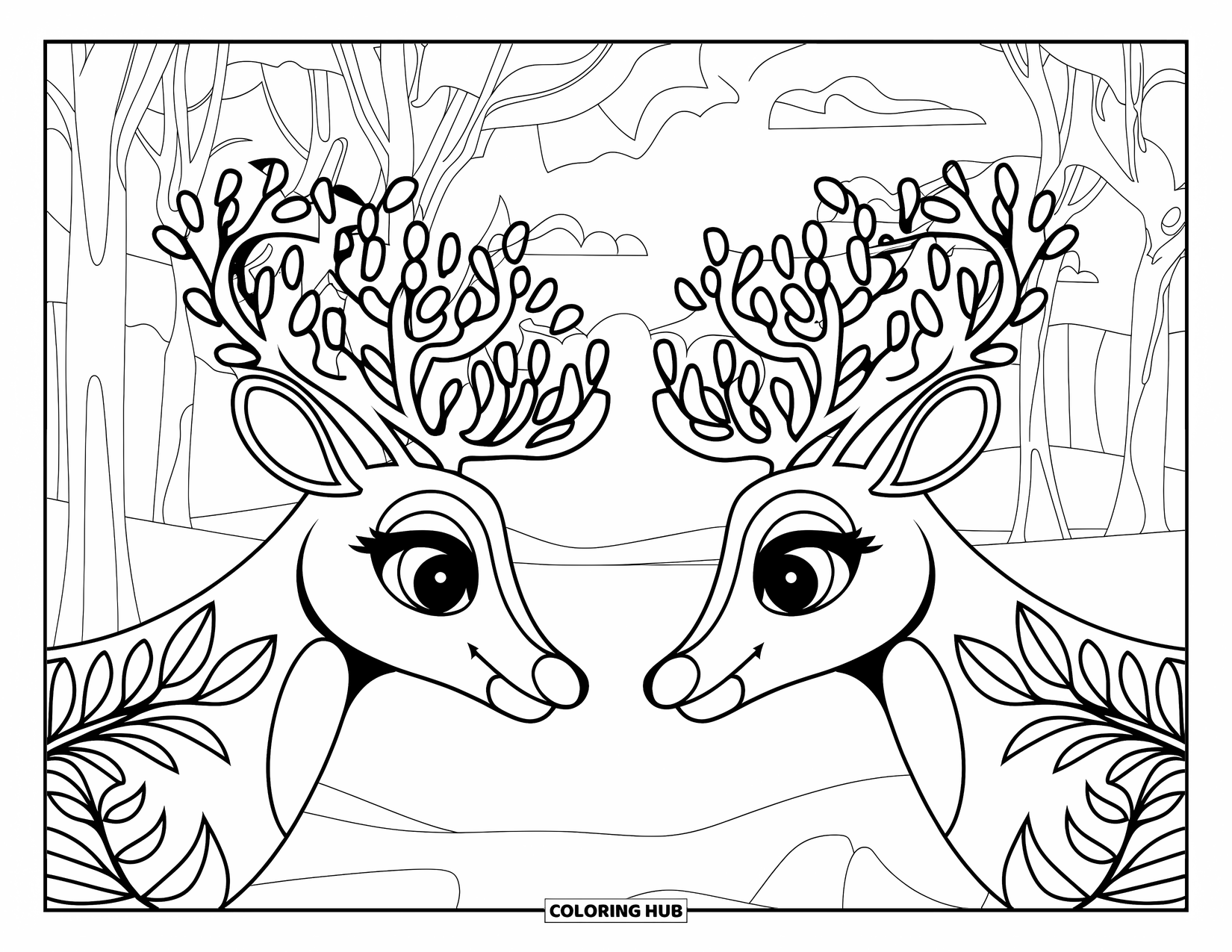 Reindeer Coloring Page for Adults: Floral-antlered reindeer meet in a quiet forest filled with trees and clouds
