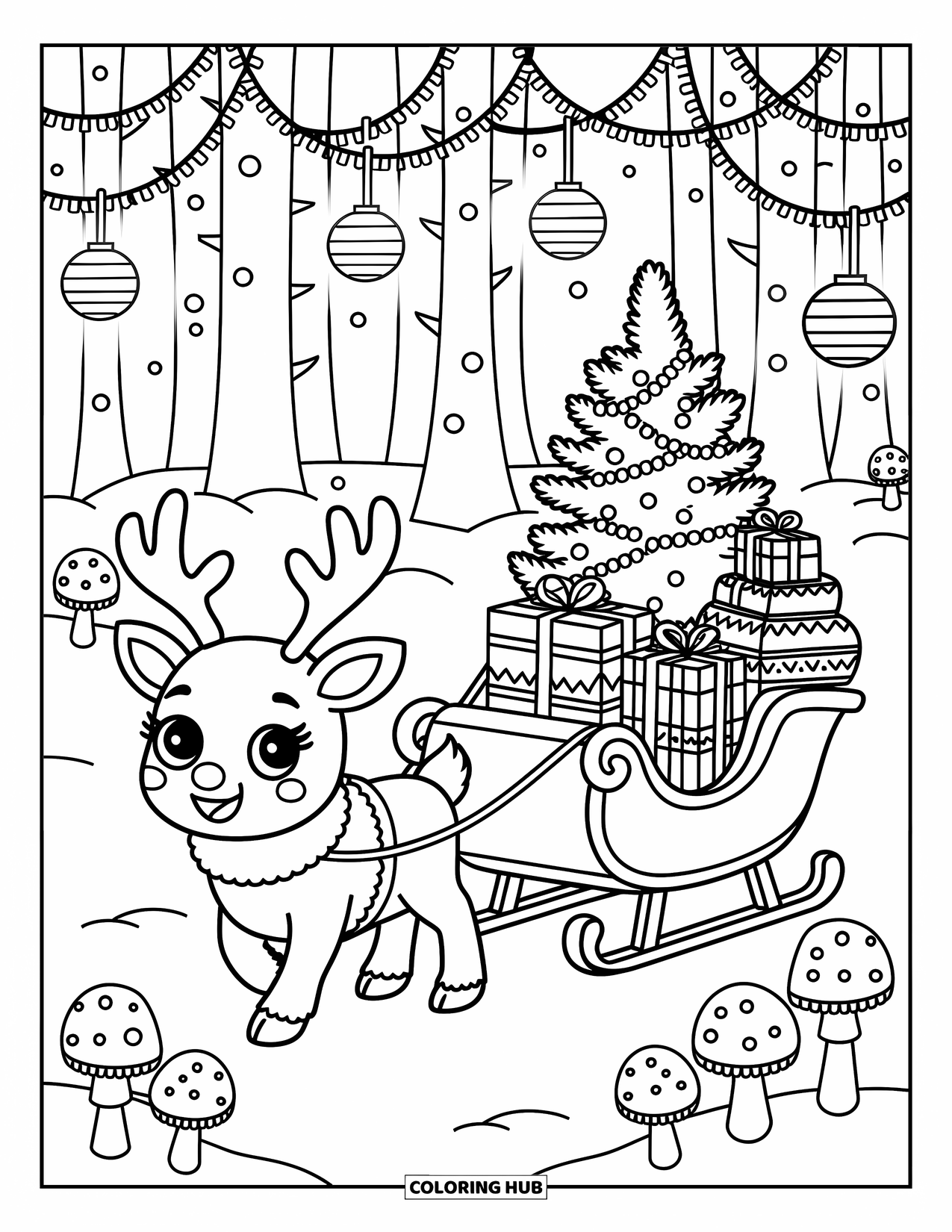 Reindeer Coloring Page for Adults: In a snowy forest, reindeer pulls a sleigh filled with gifts and glowing mushrooms