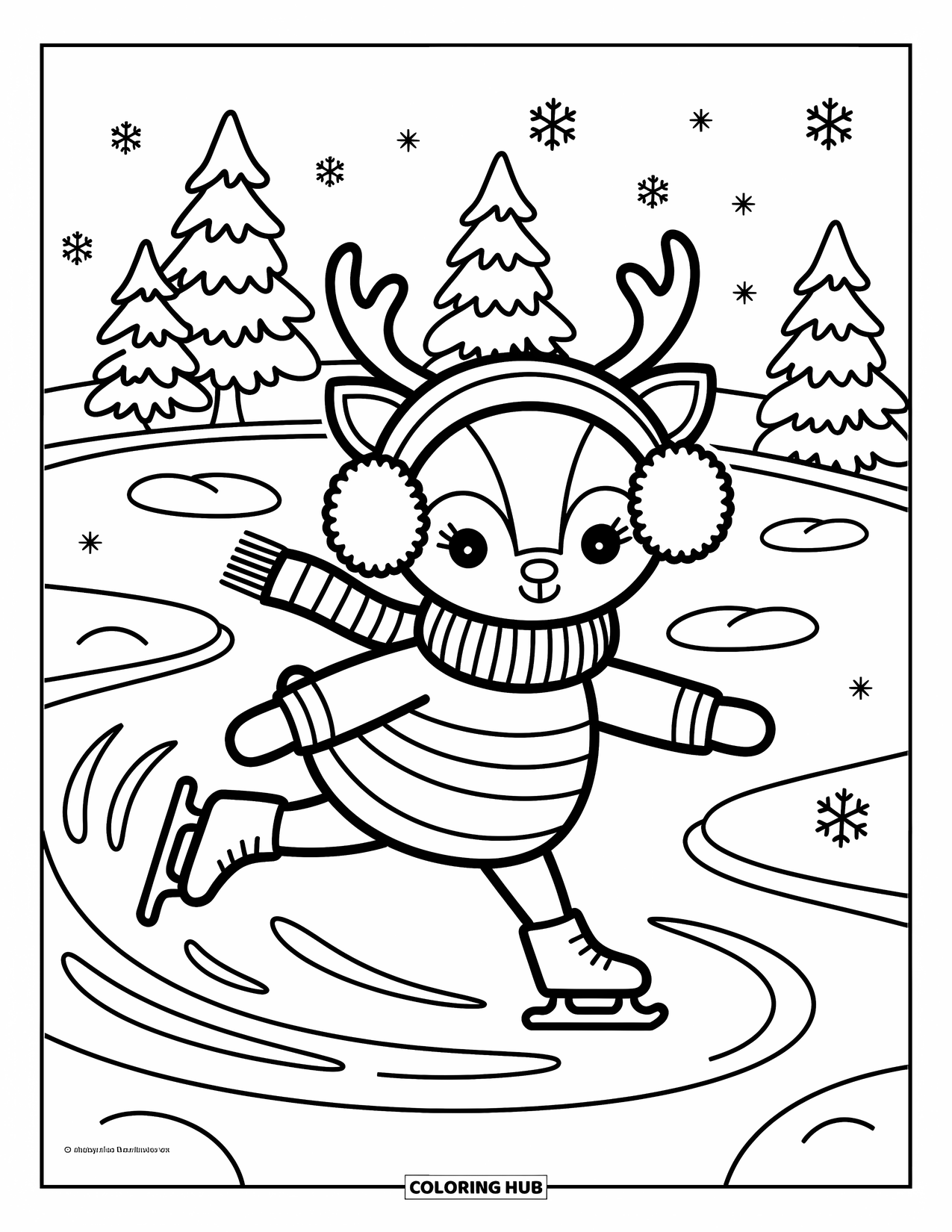 Reindeer Coloring Page for Adults: In a snowy park, reindeer skates gracefully leaving twirls behind in the snow