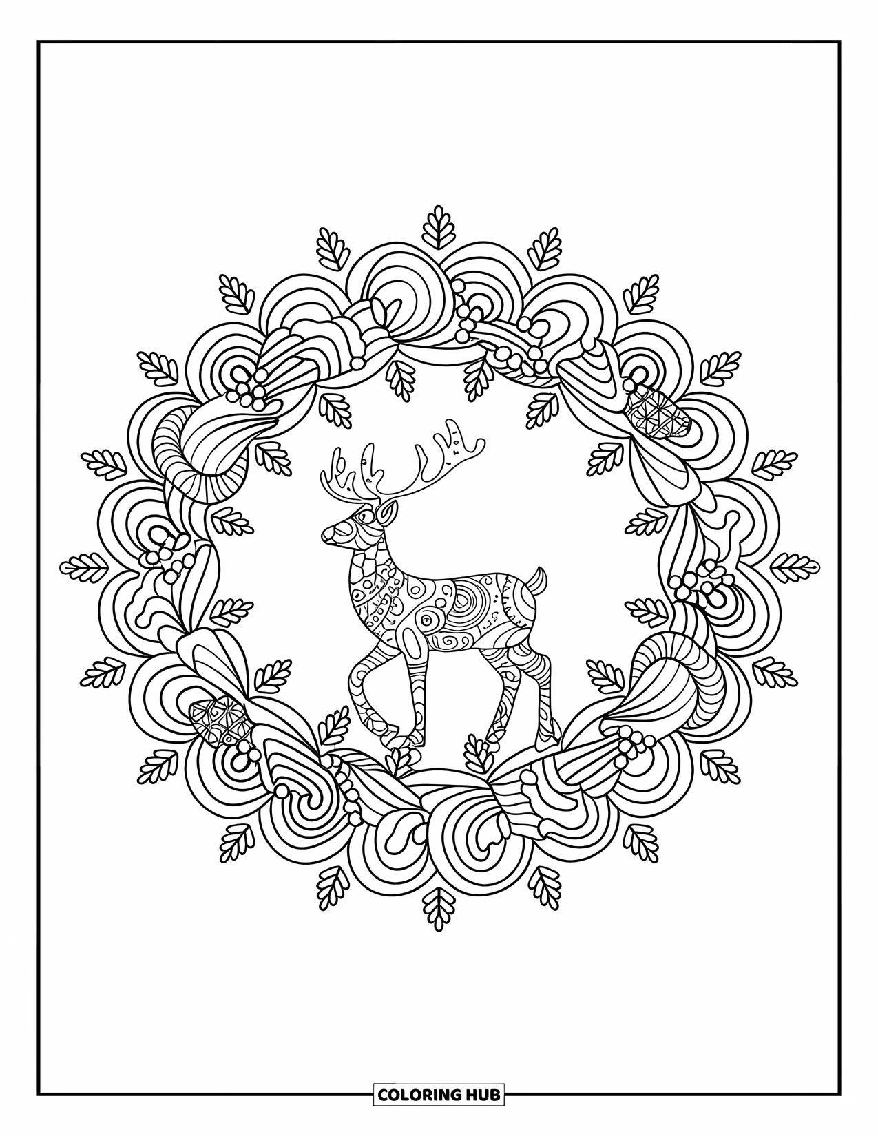 Reindeer Coloring Page for Adults: Intricate wreath surrounds a calm reindeer among pinecones and swirling patterns