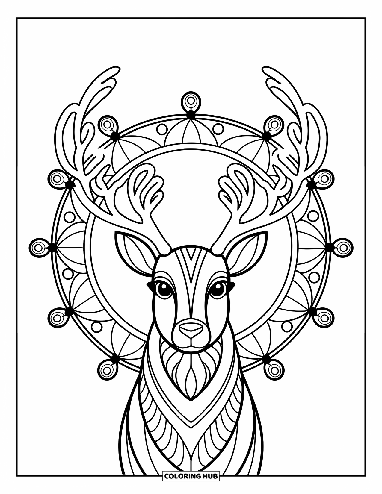 Reindeer Coloring Page for Adults: Mandala-style reindeer stands tall with swirling antlers and circular patterns