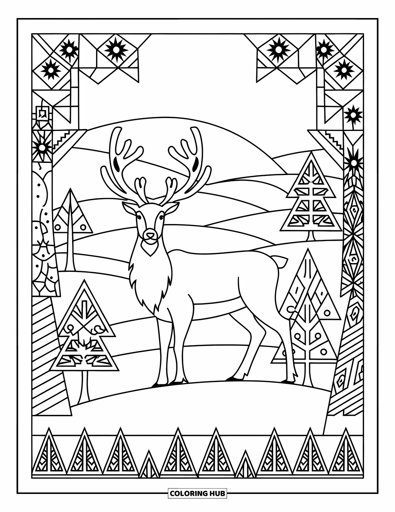 Reindeer Coloring Page for Adults: Nordic-inspired reindeer stands in a snowy forest with patterned tree trunks