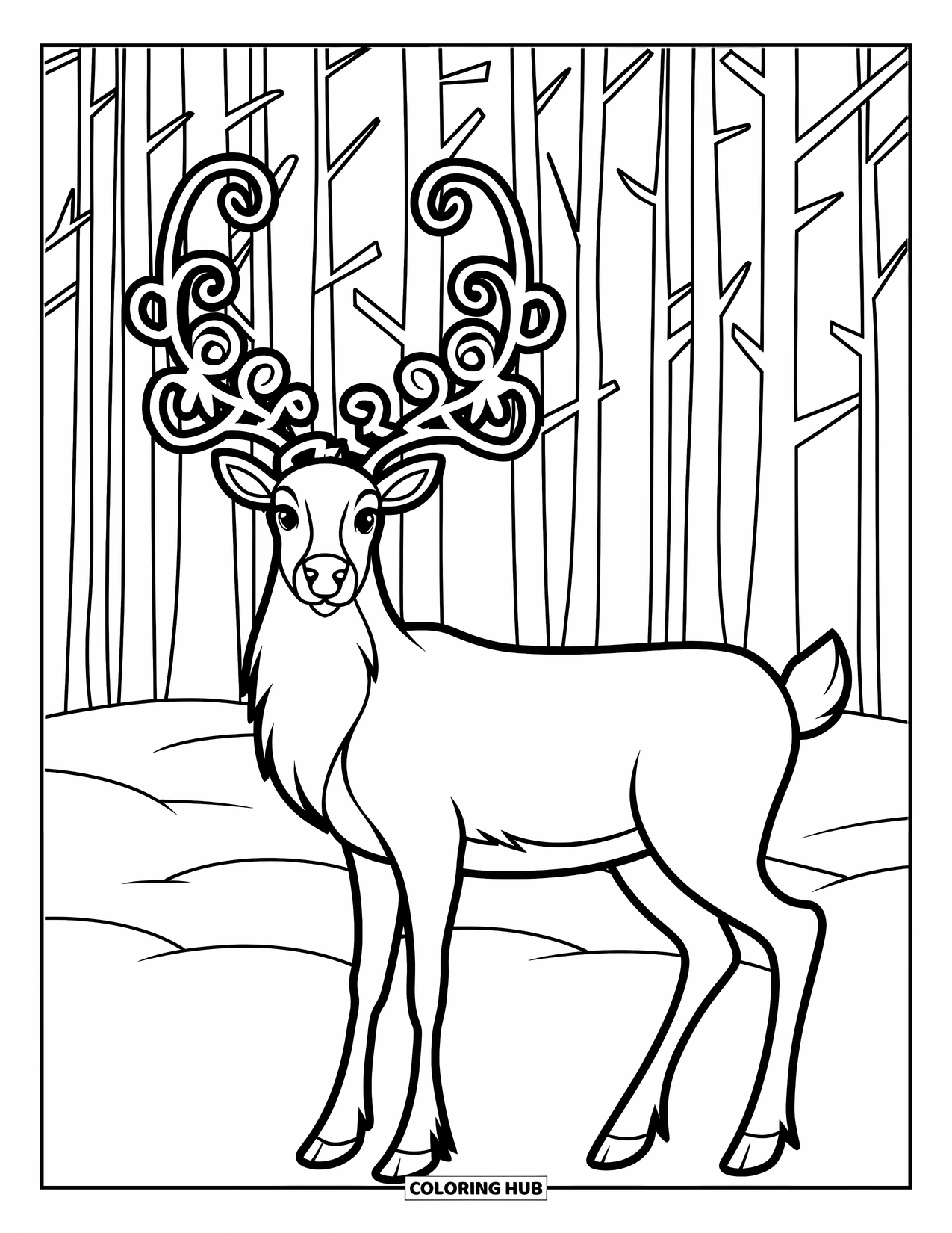 Reindeer Coloring Page for Adults: Ornamental antlered reindeer stands in snowy woods with tall quiet trees