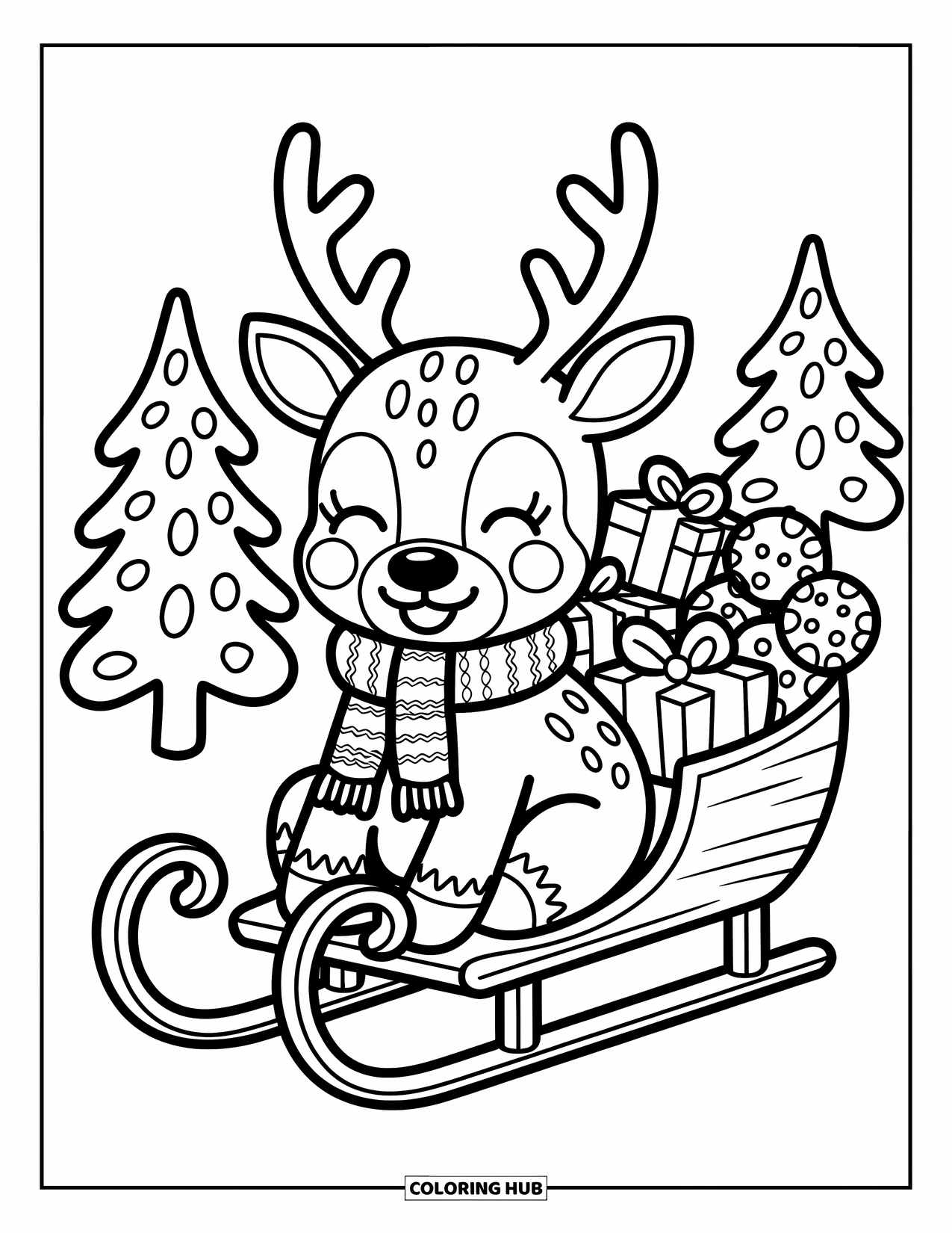 Reindeer Coloring Page for Adults: Reindeer cozily perches on a sled with cookies, bells, and a warm winter scarf