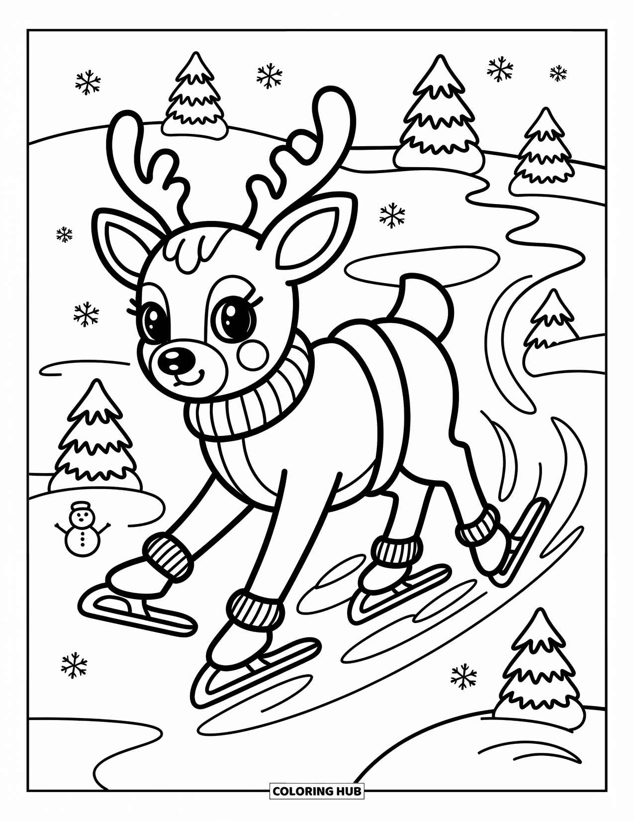 Reindeer Coloring Page for Adults: Reindeer glides across snowy ice wearing a scarf, surrounded by snowflakes and trees