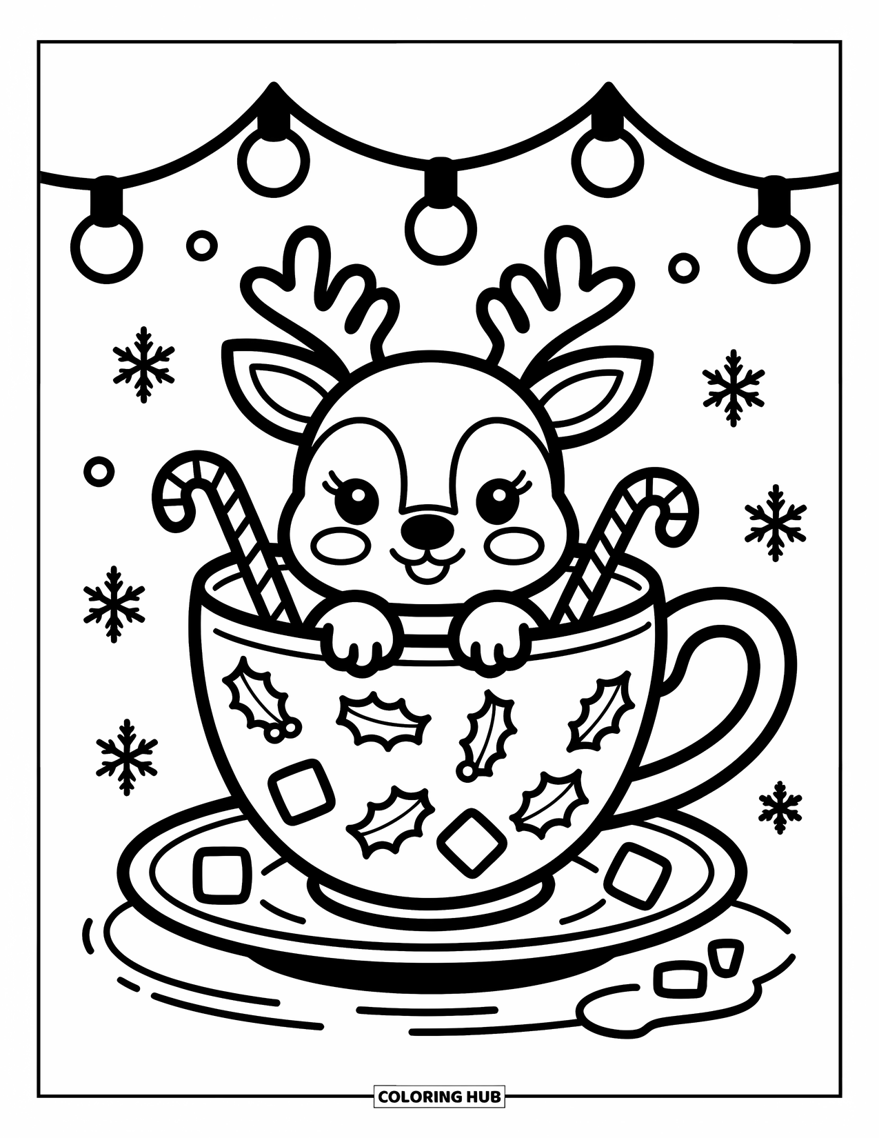 Reindeer Coloring Page for Adults: Reindeer in a festive teacup smiles as snowflakes and lights surround the scene